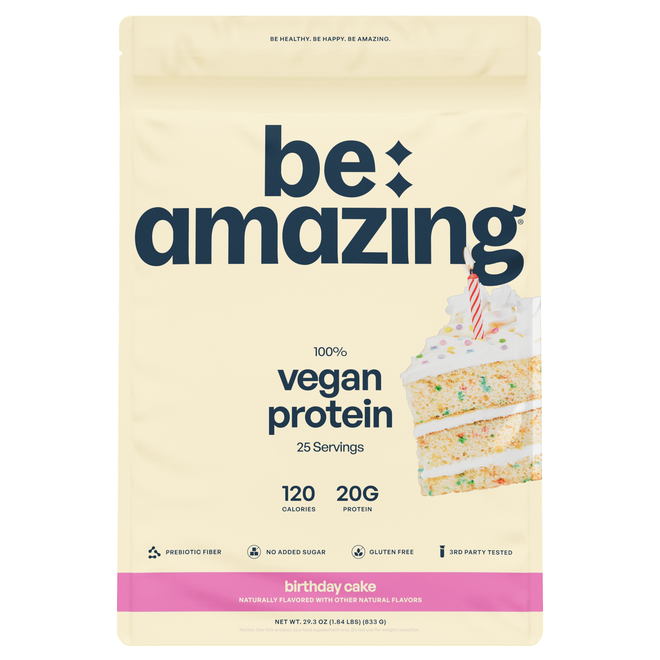 Vegan protein powder from Be Amazing in birthday cake flavor, showing the colorful protein container and scoop.