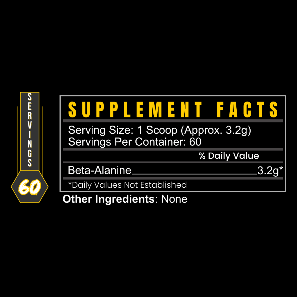 Blacklabel Supplements Beta-Alanine powder in a clear container with a white label and black cap, displayed on a white background.