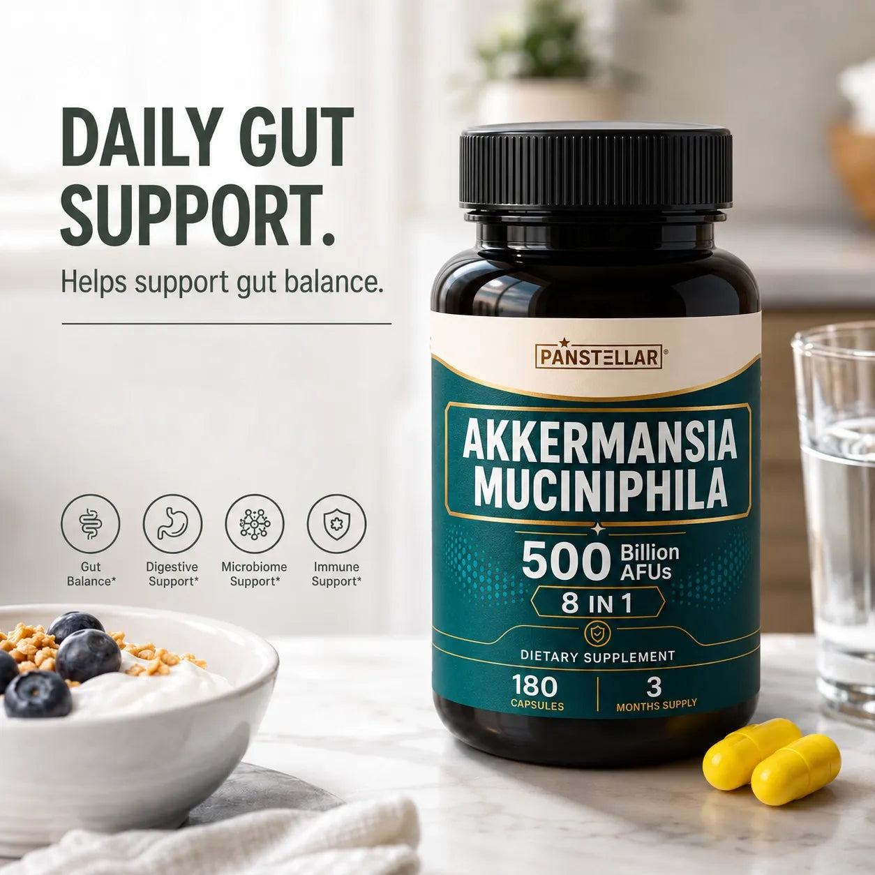 Panstellar Essentials Akkermansia Muciniphila 500B AFU probiotic bottle, 8-in-1 gut health formula with capsules.