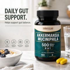 Panstellar Essentials Akkermansia Muciniphila 500B AFU probiotic bottle, 8-in-1 gut health formula with capsules.