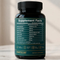Panstellar Essentials Akkermansia Muciniphila 500B AFU probiotic bottle showing supplement label for gut health support.