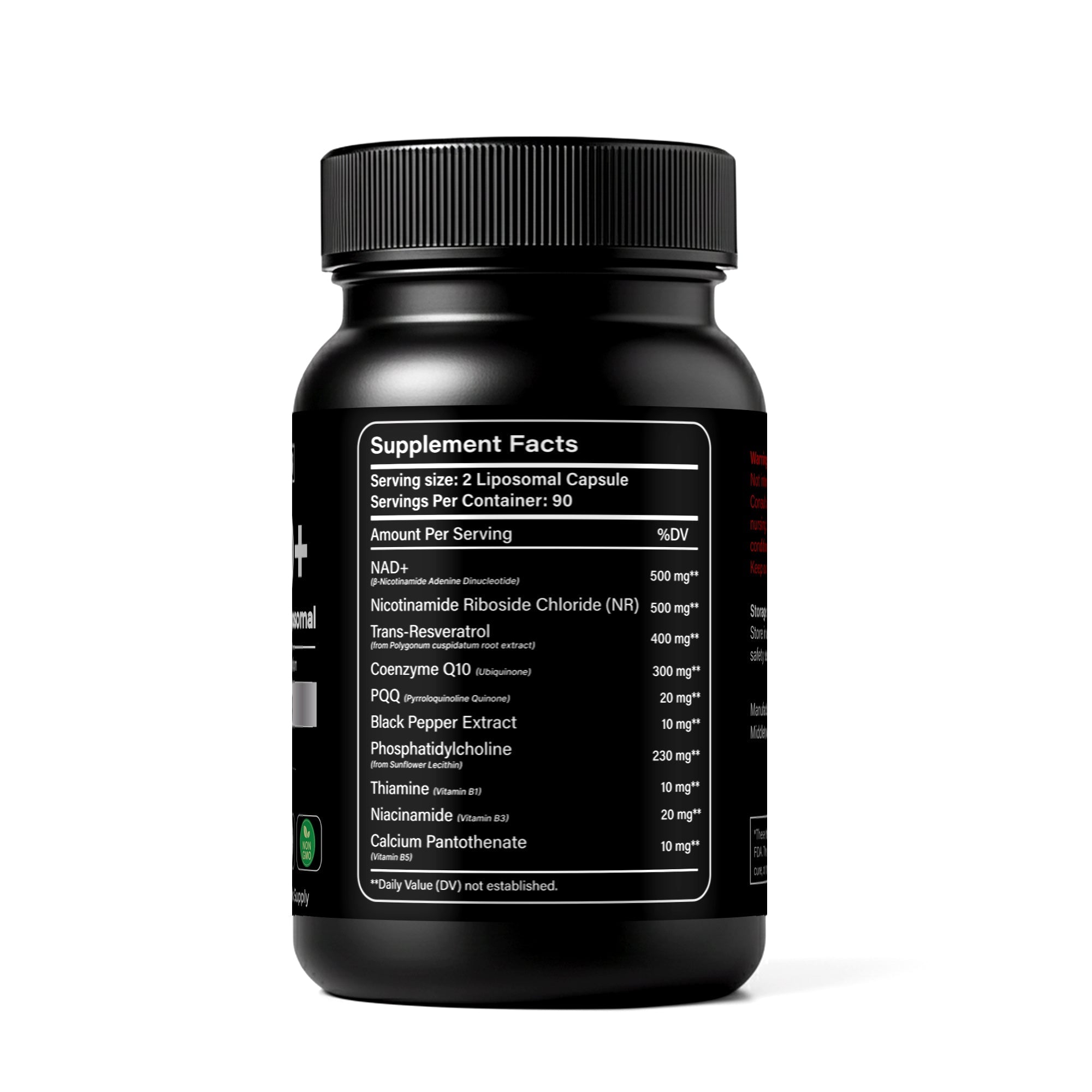 Back view of Panstellar Essentials NAD+ Liposomal 2000mg supplement bottle showing label and packaging design.
