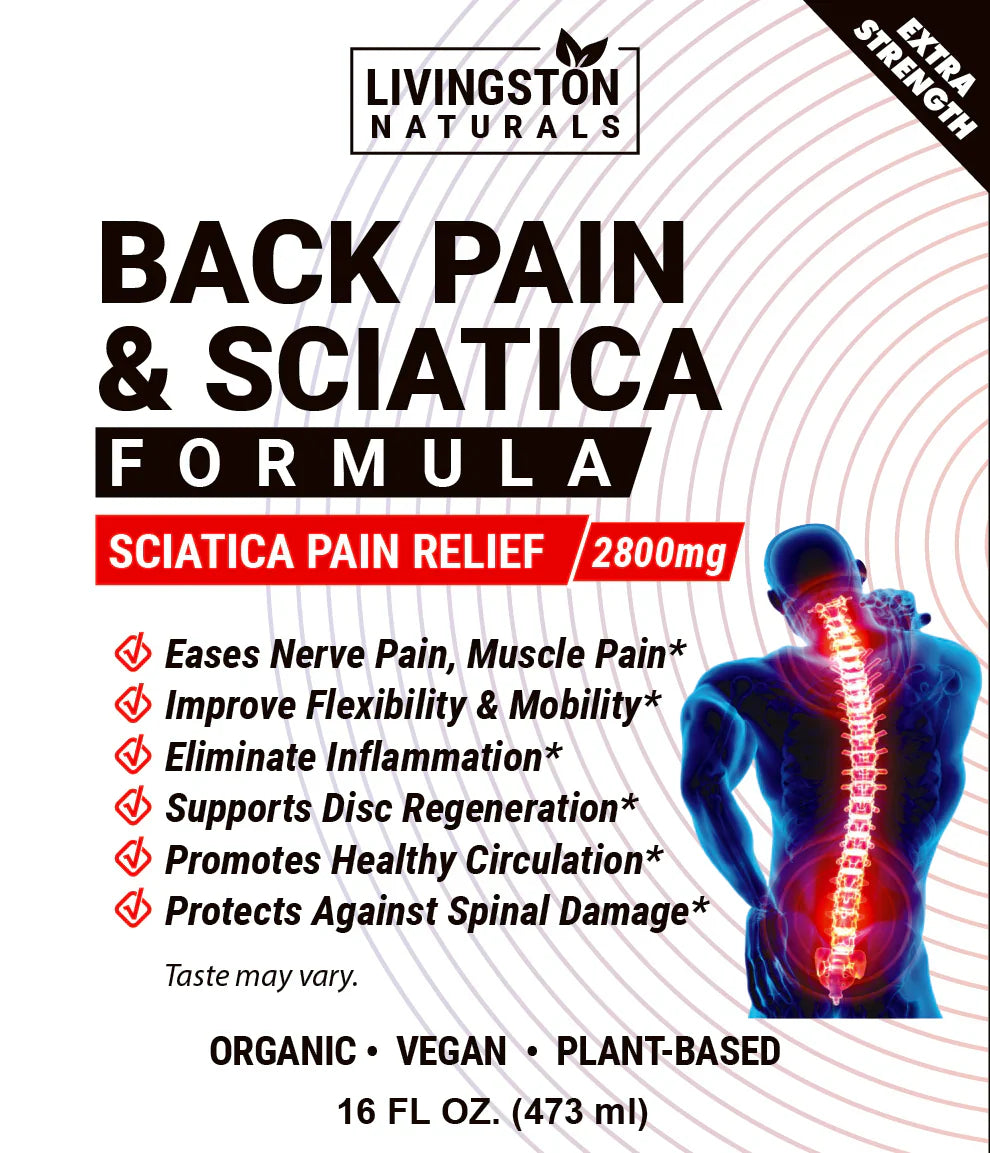 Vegan supplement by VeggieVerve featuring herbal liquid formula for back pain and sciatica relief, shown in a glass bottle with herbs.
