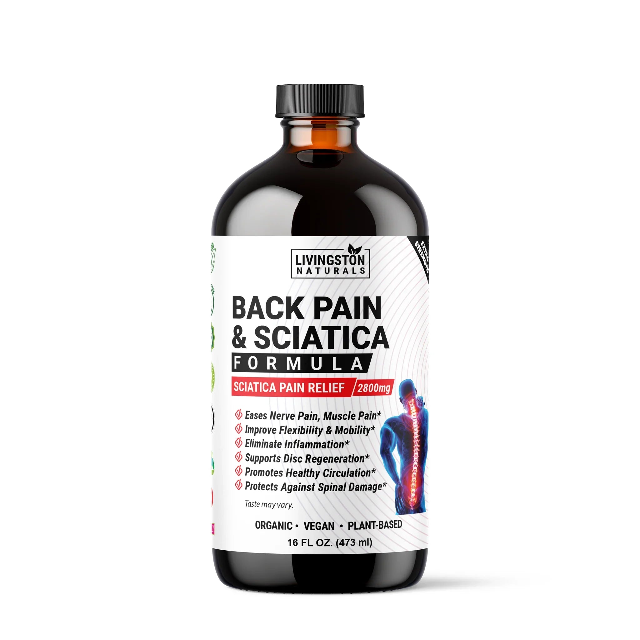 Vegan supplement by VeggieVerve for back pain and sciatica relief, featuring organic liquid herbal formula in a front view bottle.