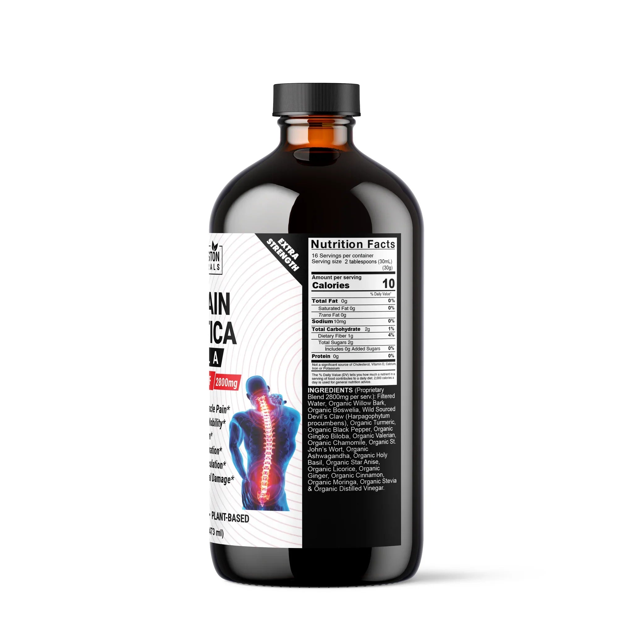 Vegan herbal supplement by VeggieVerve for back pain and sciatica relief, featuring organic liquid formula in a clear glass bottle.