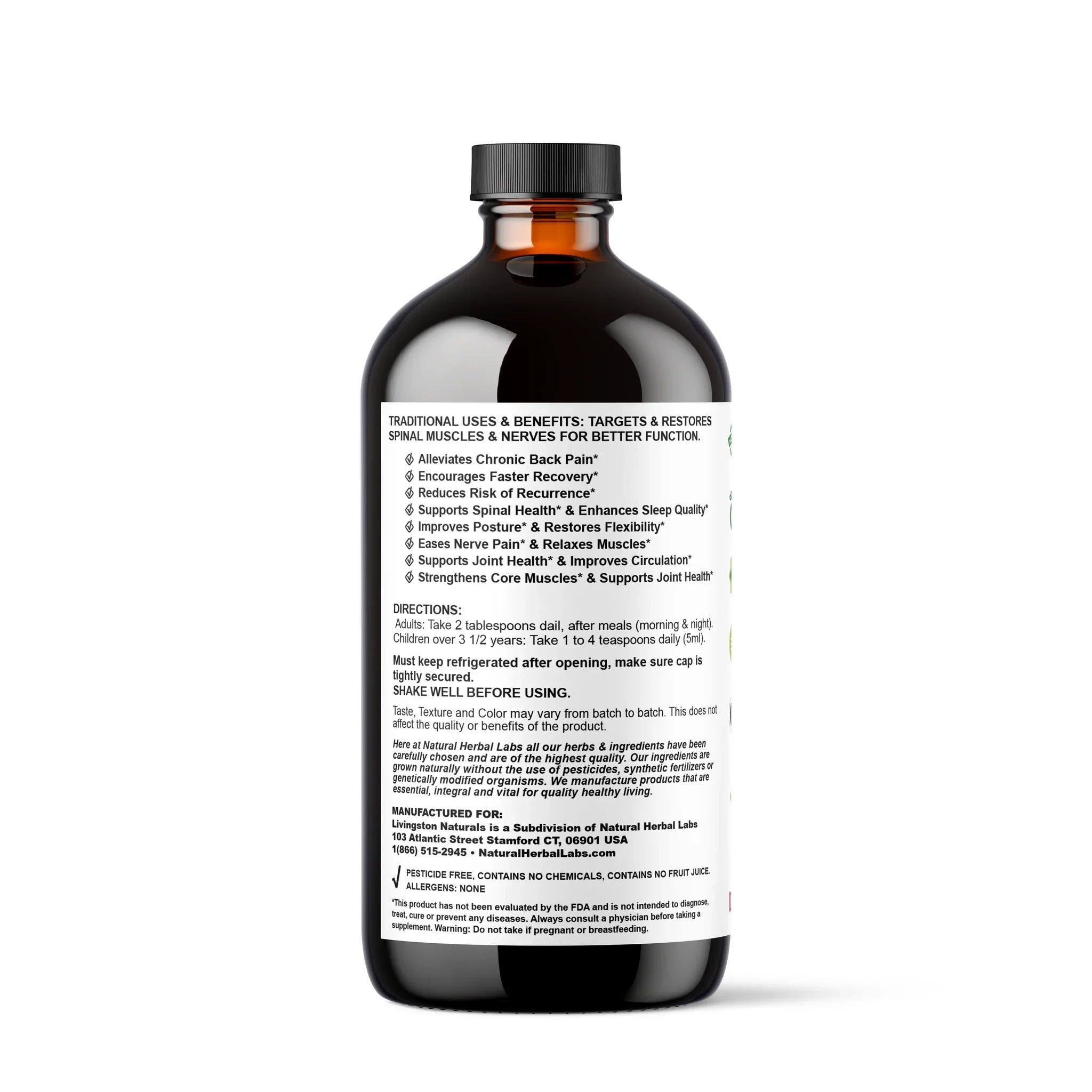 Vegan herbal supplement by VeggieVerve for back pain and sciatica relief, featuring organic liquid formula in a glass bottle.