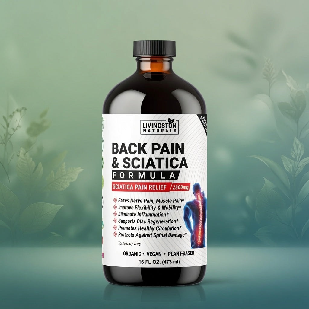 Vegan supplement by VeggieVerve featuring a bottle of Back Pain & Sciatica Organic Liquid Herbal Formula, with herbal ingredients visible.