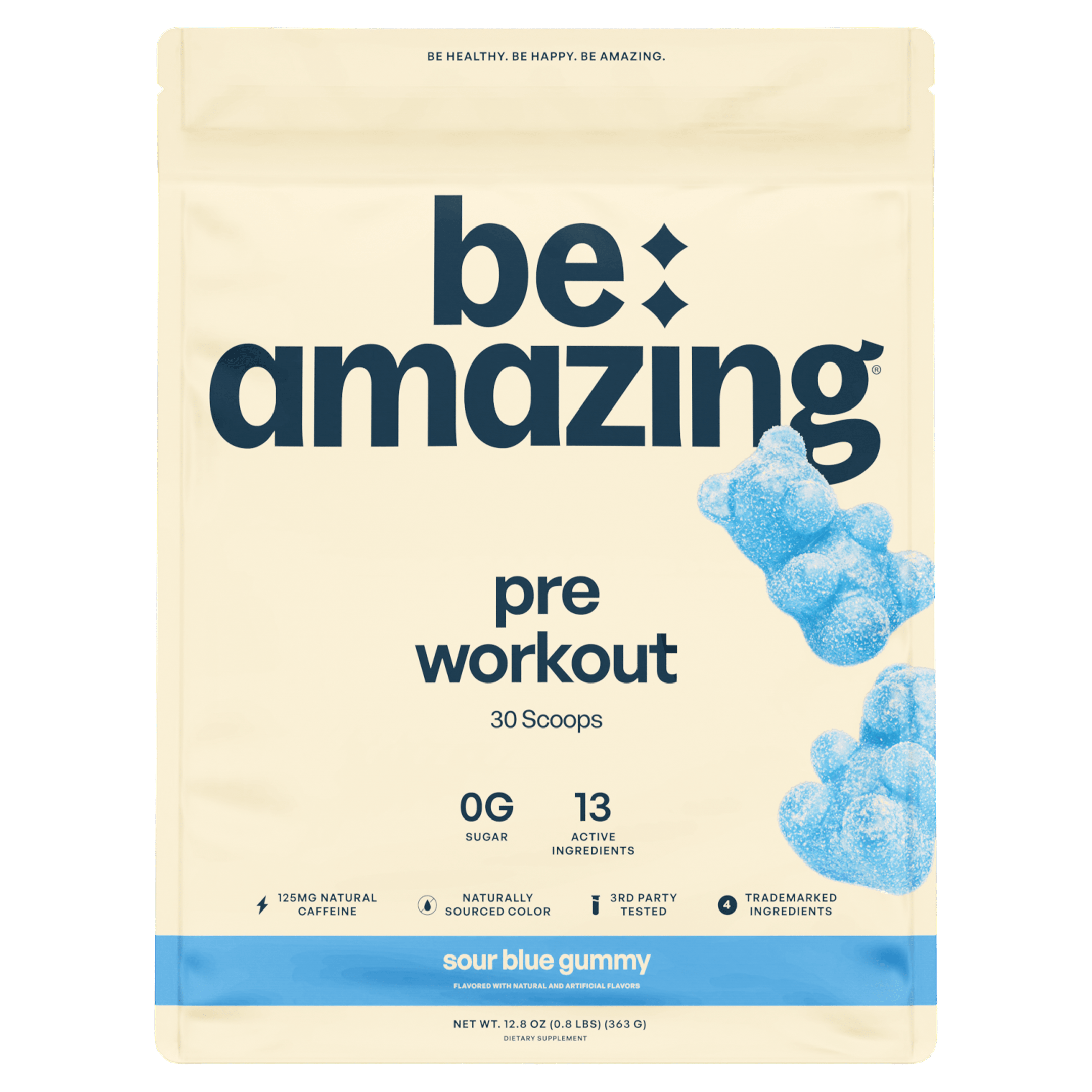 Be Amazing Sour Blue Gummy Pre-Workout supplement in a clear container with a scoop of gummies inside.