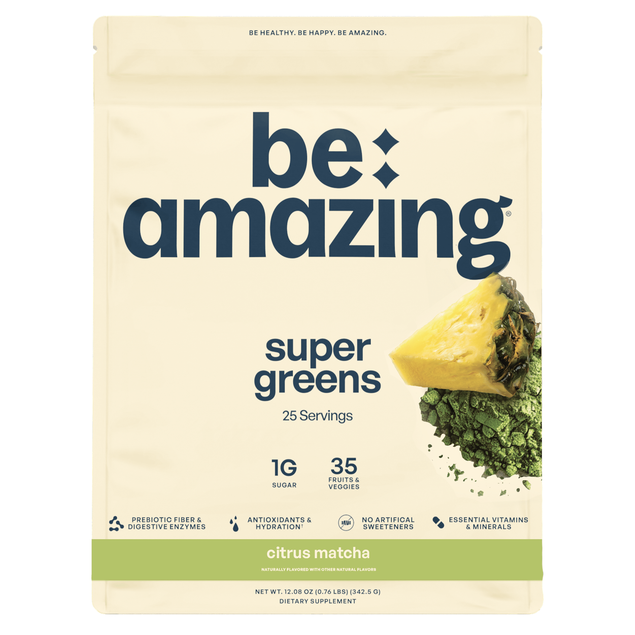 Be Amazing Citrus Matcha Super Greens powder in a jar, showing vibrant green and citrus flavor packaging.