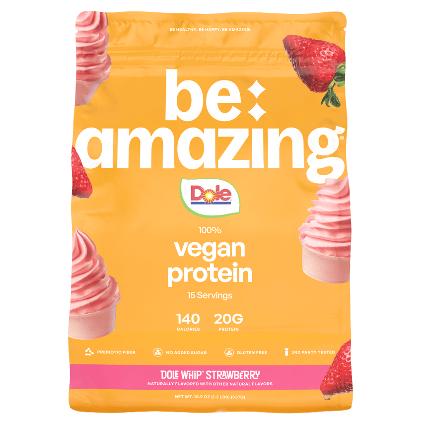 Vegan Protein by Be Amazing with Dole Whip Strawberry flavor, showing the protein powder scoop and packaging.