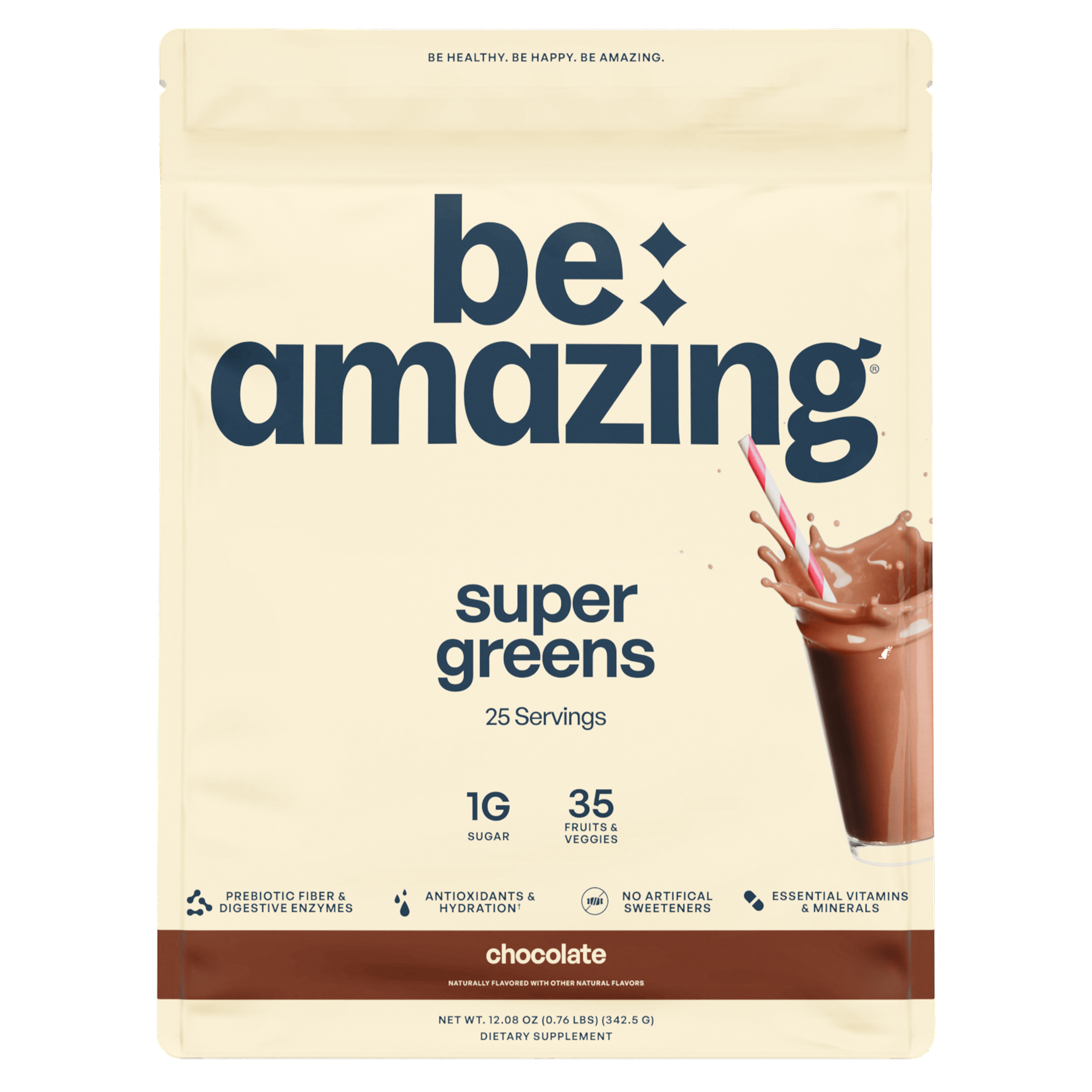 Be Amazing Super Greens powder in chocolate flavor, shown in a container with scoop, highlighting healthy supplement for smoothies and drinks.