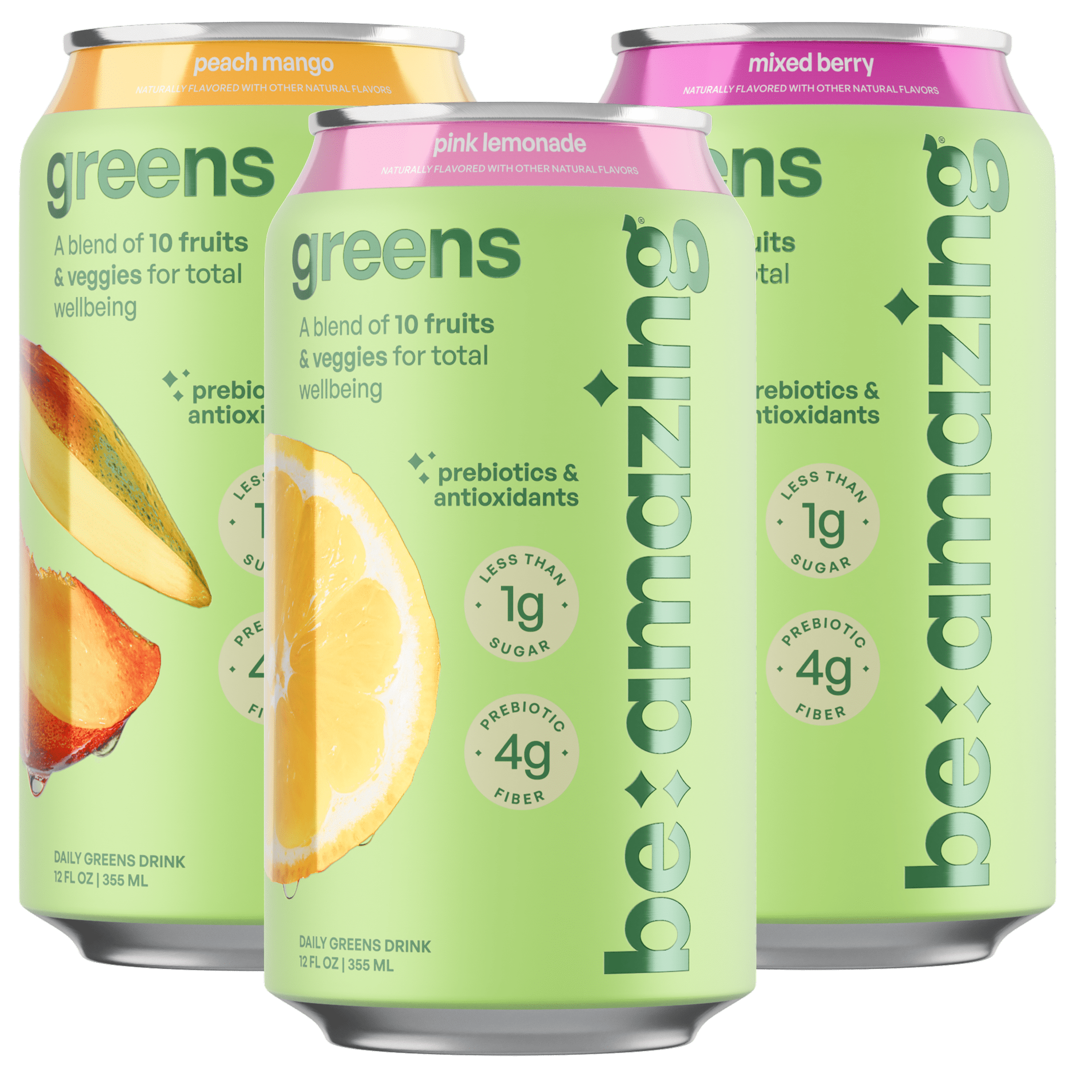 Be Amazing Daily Greens RTD drink in a can, featuring a colorful variety of fresh green ingredients on the label.