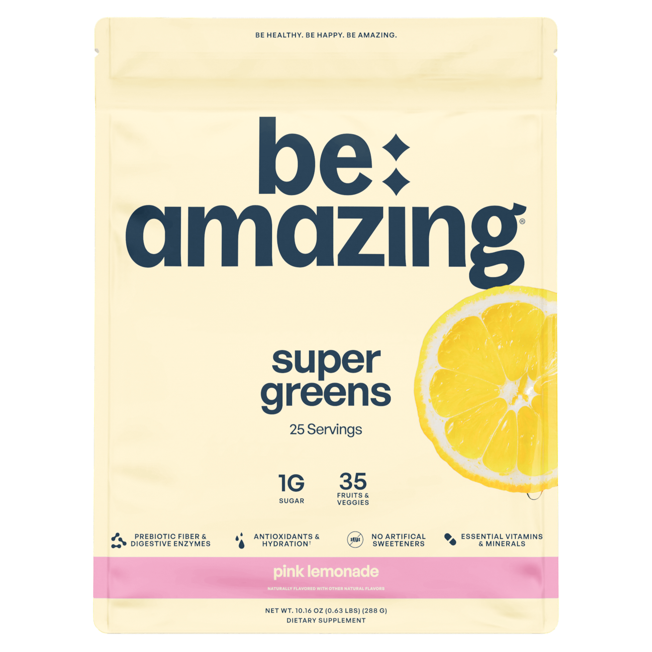 Be Amazing Pink Lemonade Super Greens powder container with scoop, showcasing vibrant packaging and fresh green ingredients.