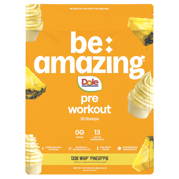 Be Amazing pre-workout supplement with Dole Whip Pineapple flavor, featuring a vibrant container and fresh pineapple slices.