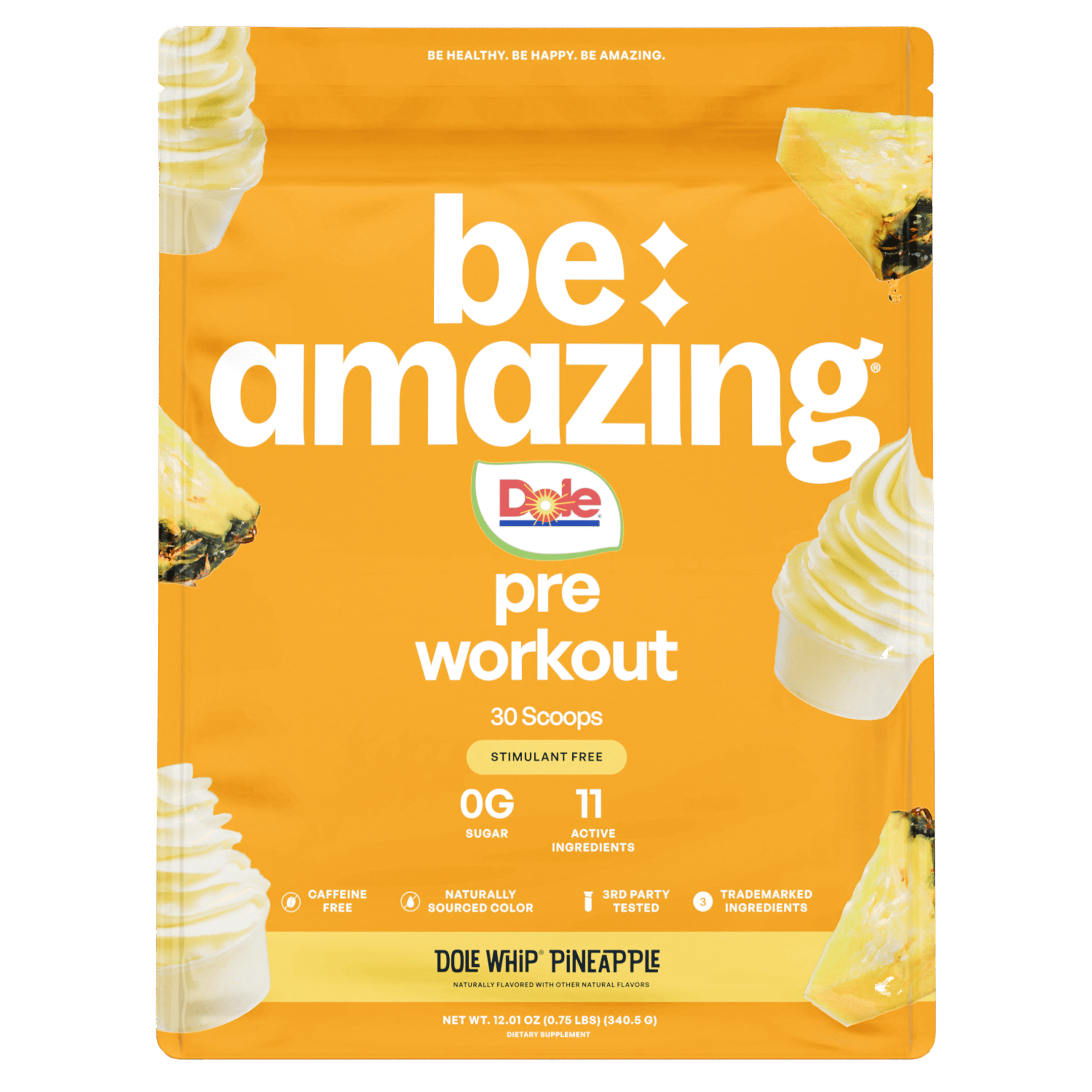 Be Amazing pre-workout supplement in pineapple flavor, showing the colorful container with branding and flavor label.