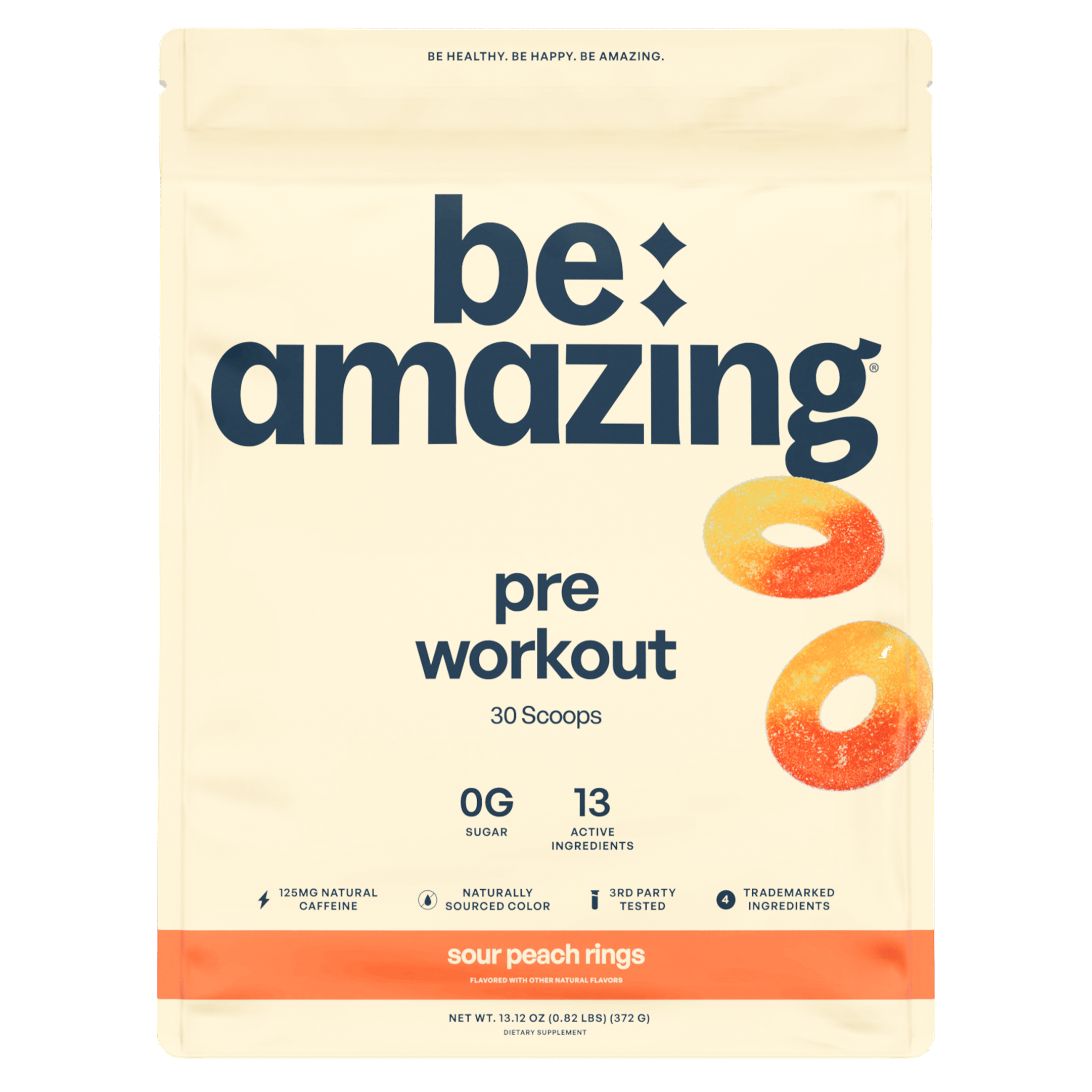 Be Amazing pre-workout powder in Peach Rings flavor, with a close-up of the colorful supplement container.