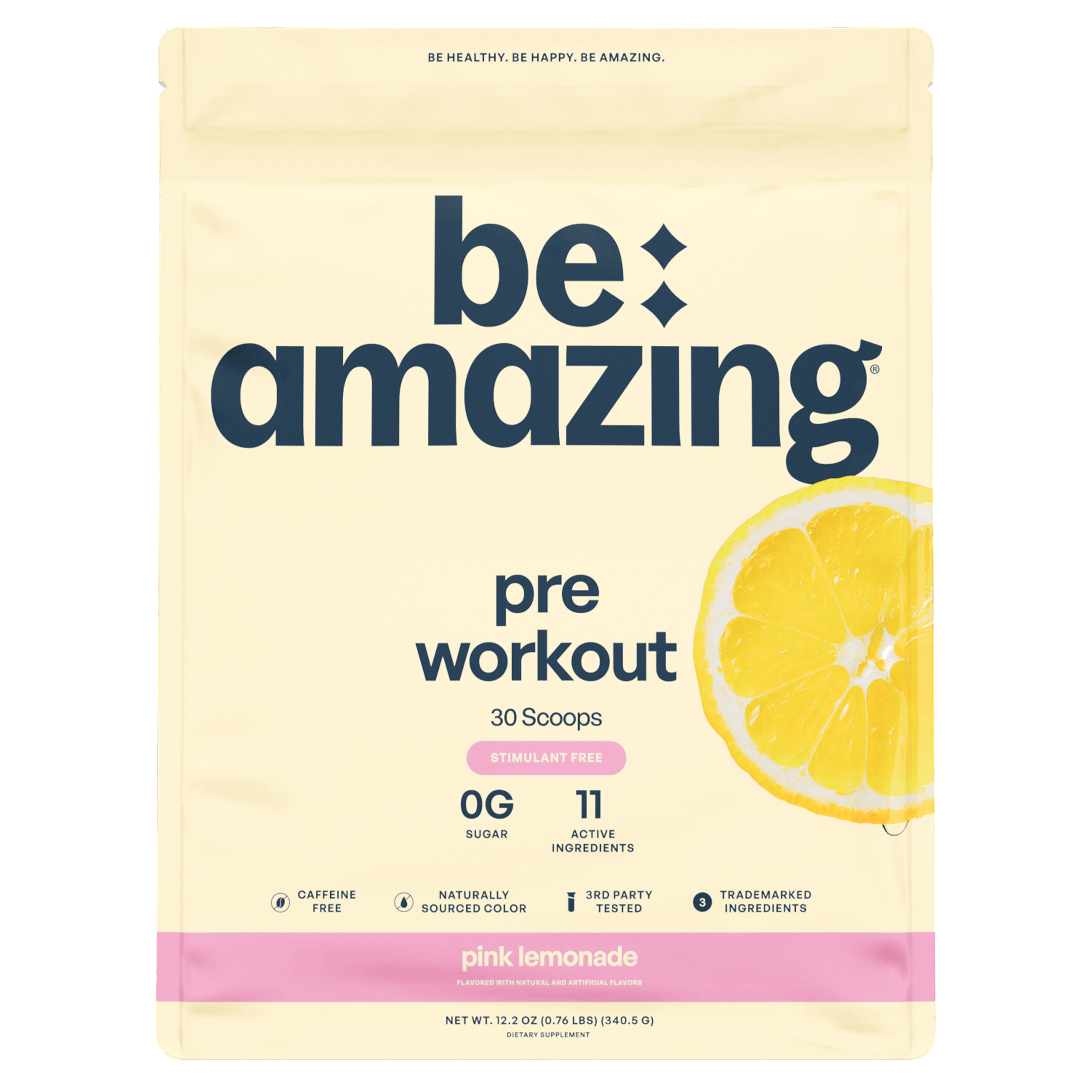 Be Amazing pink lemonade pre-workout powder with bright pink packaging, showcasing the stimulant-free pre-workout supplement.