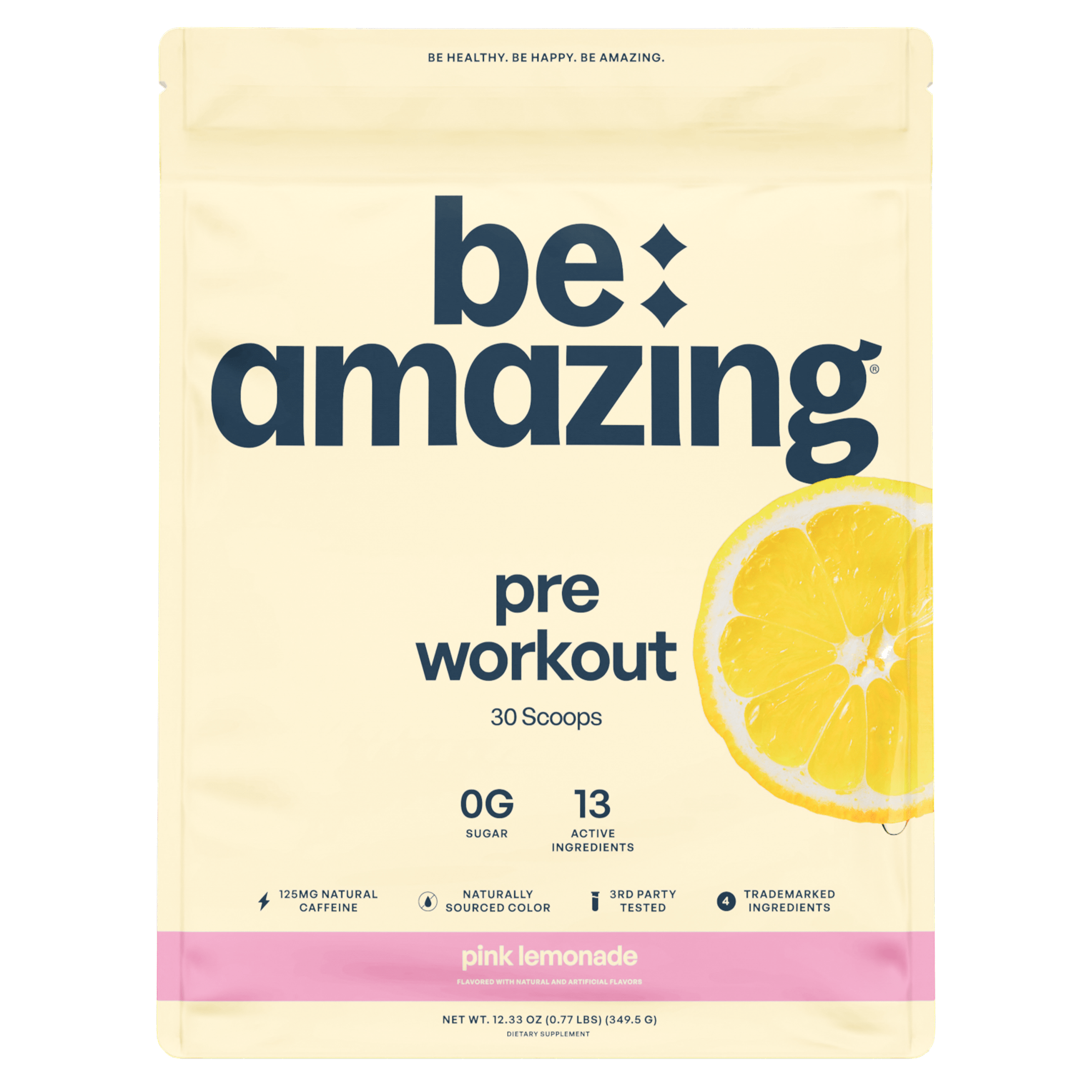 Be Amazing pink Lemonade pre-workout supplement in a container with a vibrant label, designed to boost energy and focus.