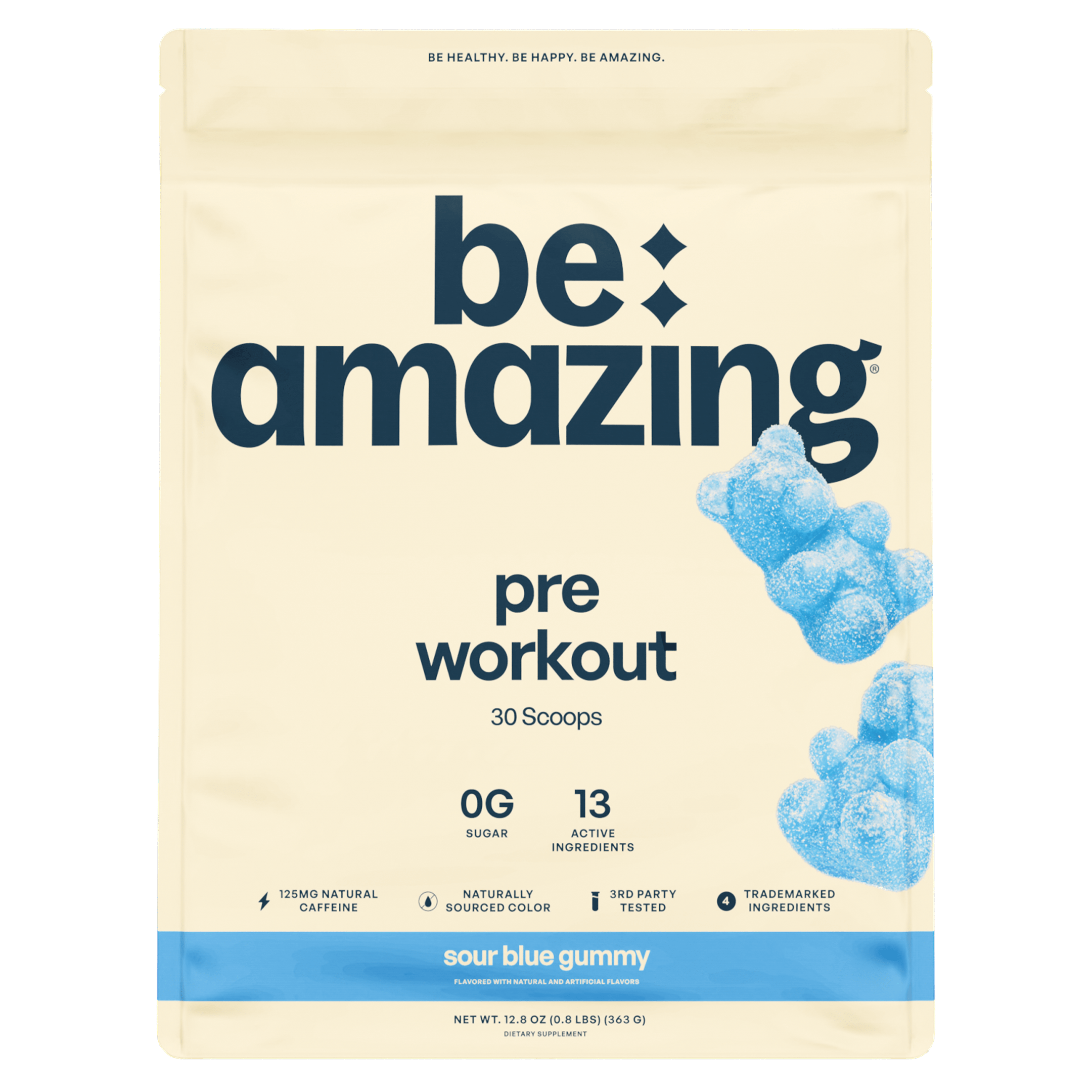 Be Amazing Sour Blue Gummy Pre-Workout supplement in a clear container with blue gummies and a vibrant label.