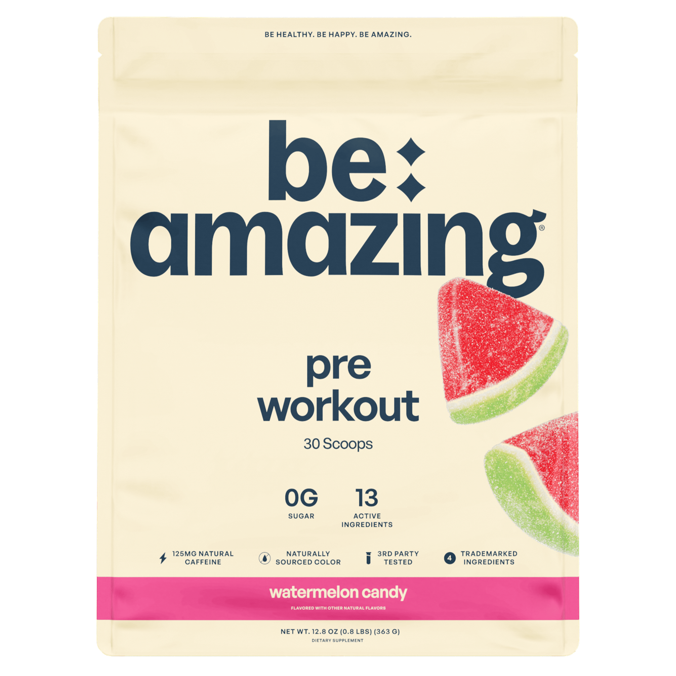 Be Amazing watermelon candy flavored pre-workout powder in a jar with scoop, designed to boost energy and focus during exercise.