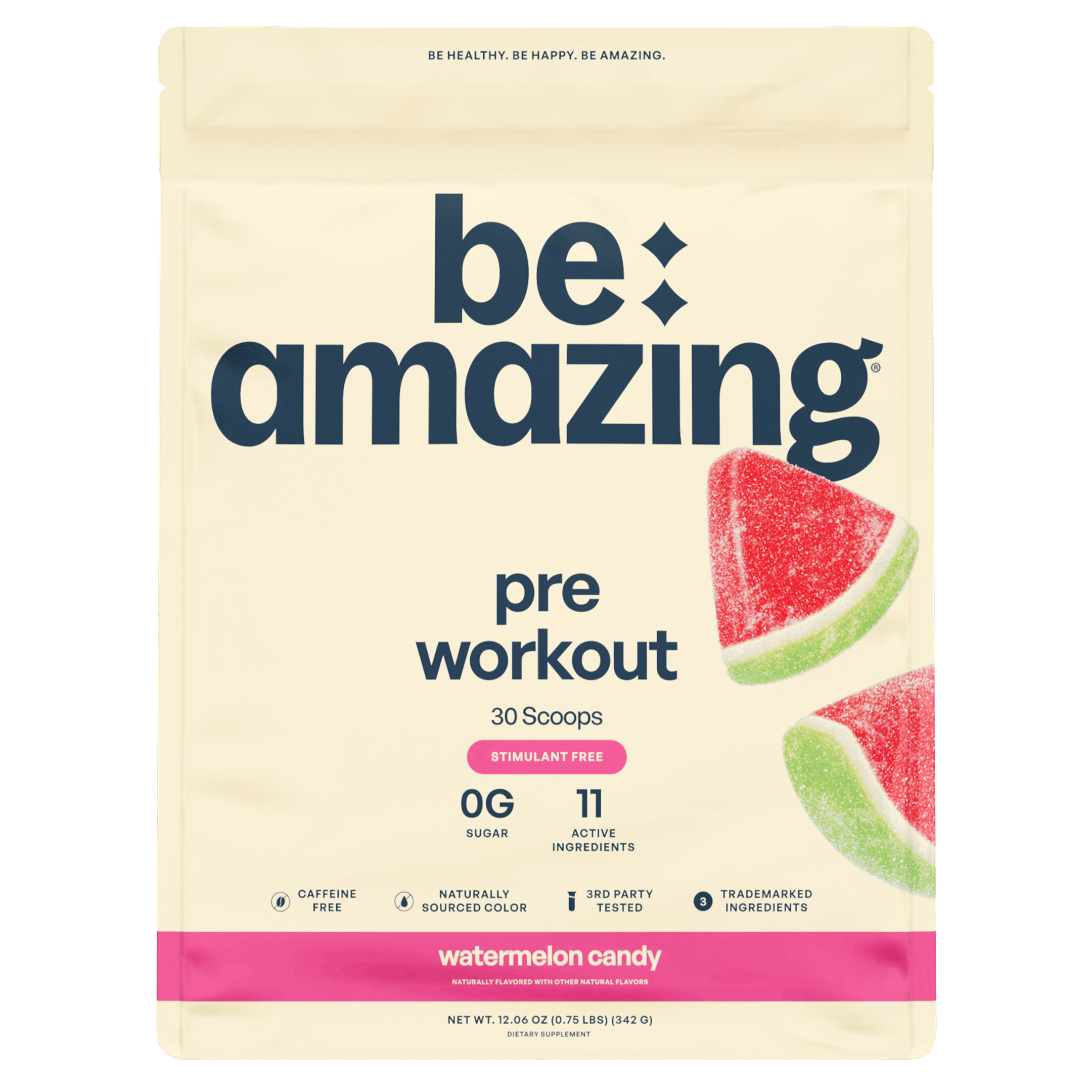 Be Amazing watermelon candy pre-workout supplement in a jar, stimulant-free formula for energy and focus during workouts.