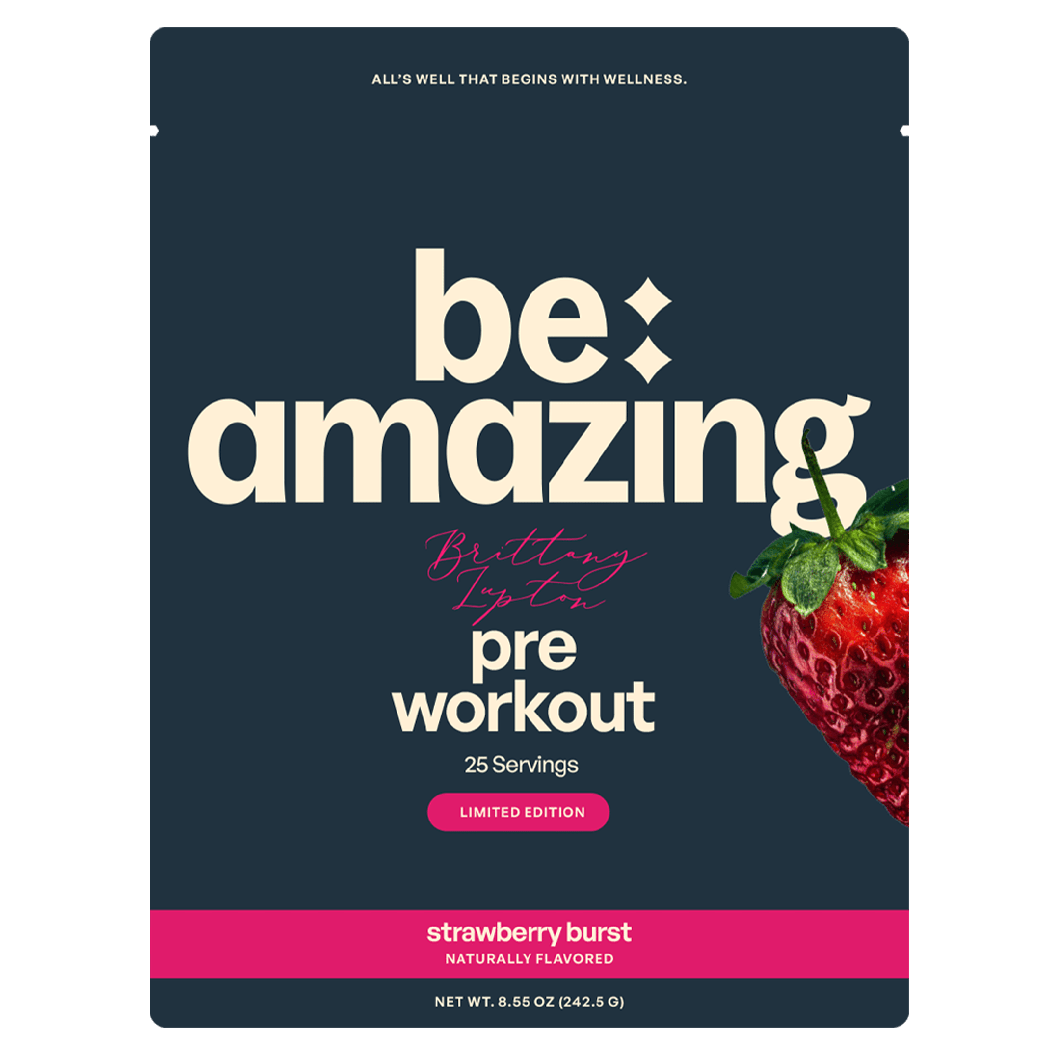 Be Amazing strawberry burst pre-workout powder in a container with the label visible, designed to boost energy and focus.
