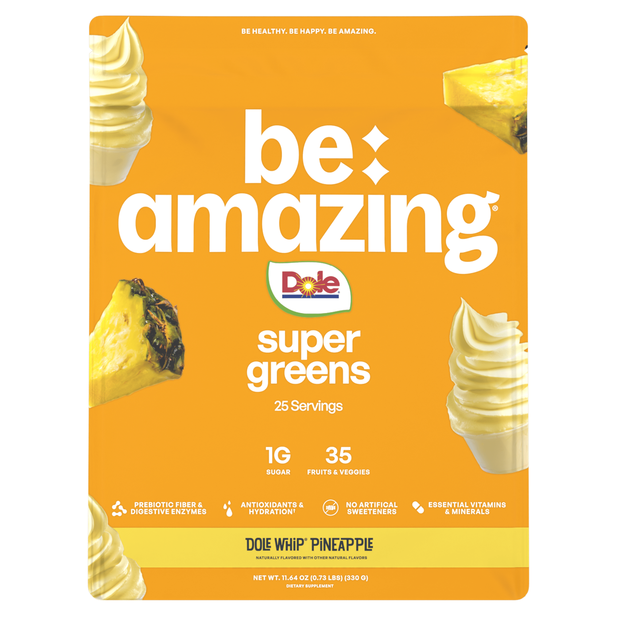 Be Amazing Super Greens powder in a container with Dole Whip Pineapple flavor, showing the vibrant green product packaging.