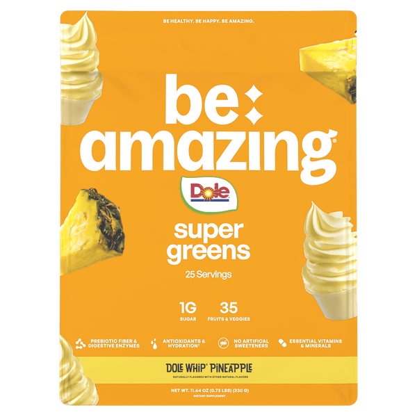 Be Amazing Super Greens powder in a container with Dole Whip Pineapple flavor, showing the vibrant green product packaging.
