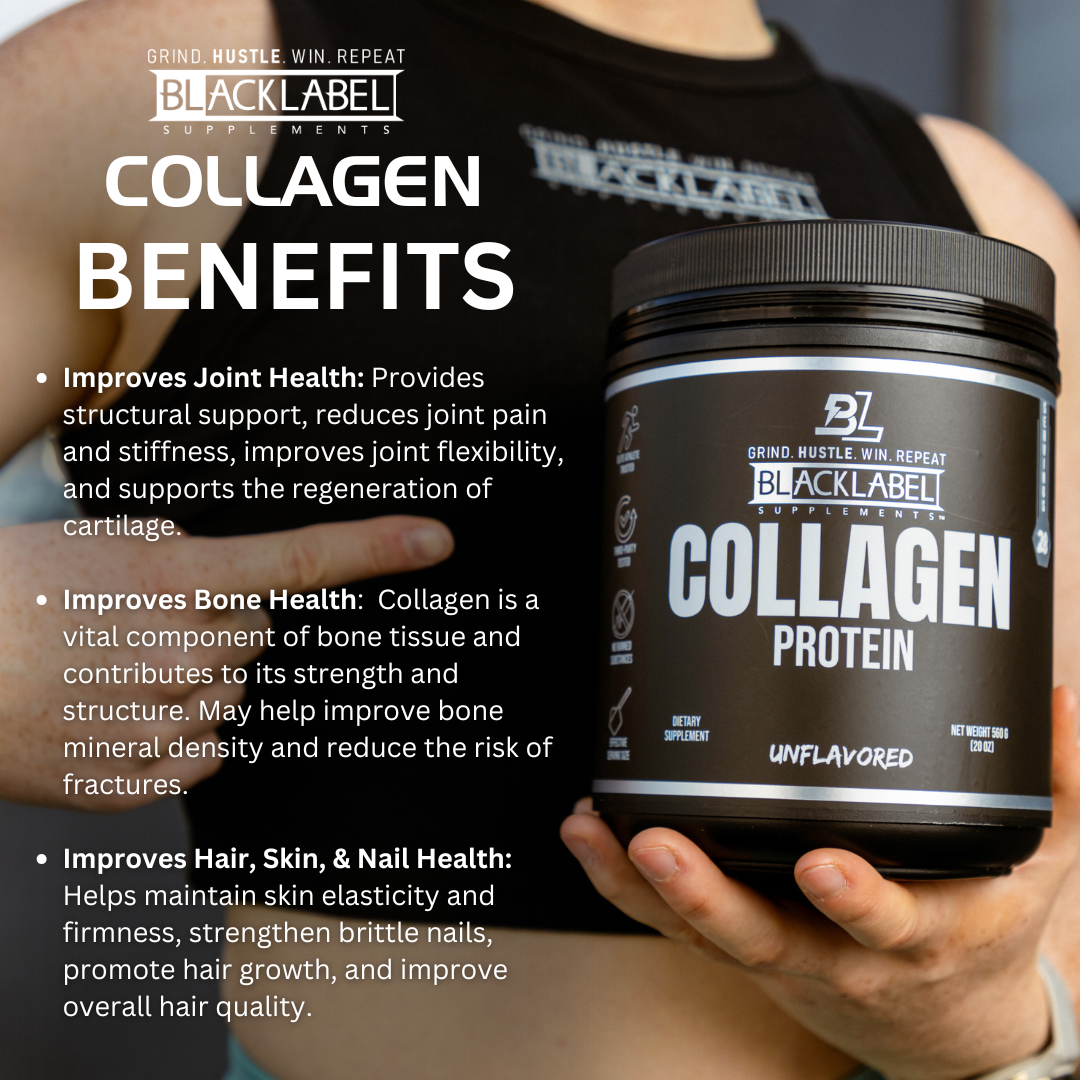 Graphic showing benefits of BLACKLABEL Supplements collagen protein, highlighting skin, joint, and hair support.