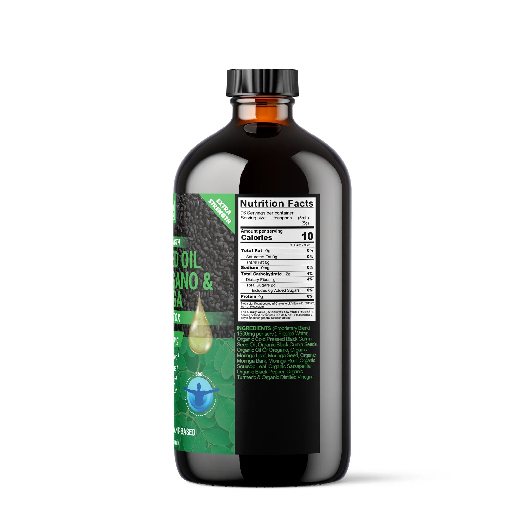 Vegan supplement bottle of VeggieVerve Organic Black Seed Oil with Moringa and oregano in a glass dropper bottle.