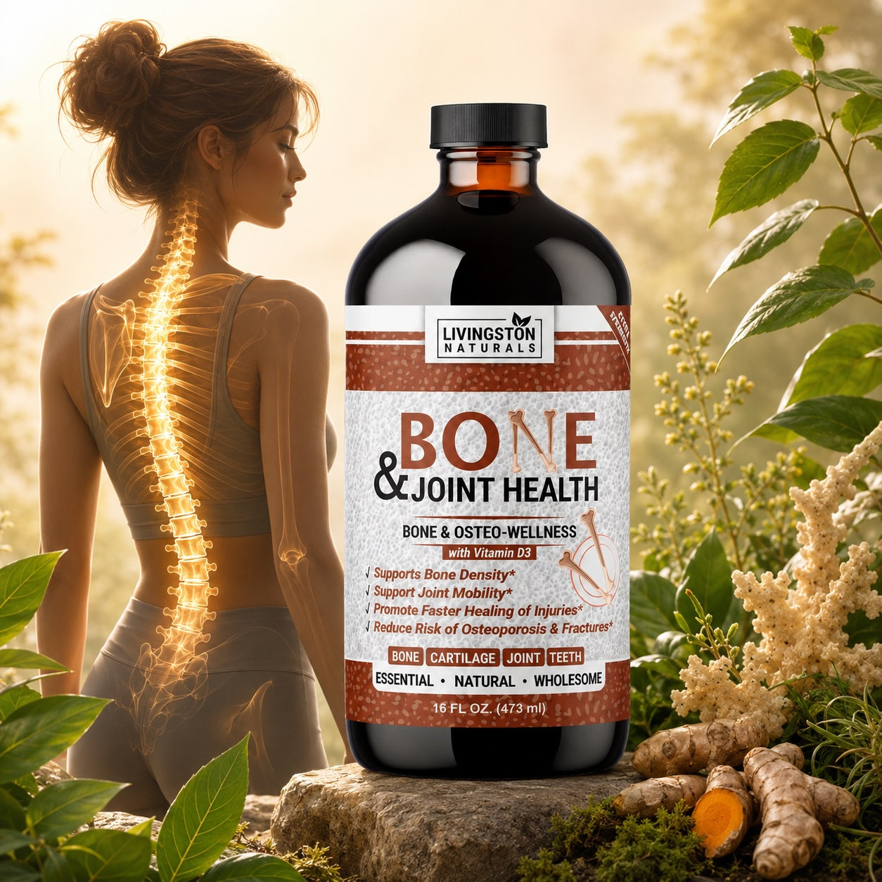 Vegan supplement by VeggieVerve featuring organic herbal blend supporting bones and joints, shown in a clear, natural setting.