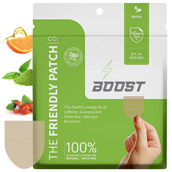 Friendly Patch Co Boost Energy patches with caffeine, guarana, and green tea, shown in a 28-pack on skin for sustained energy boost.