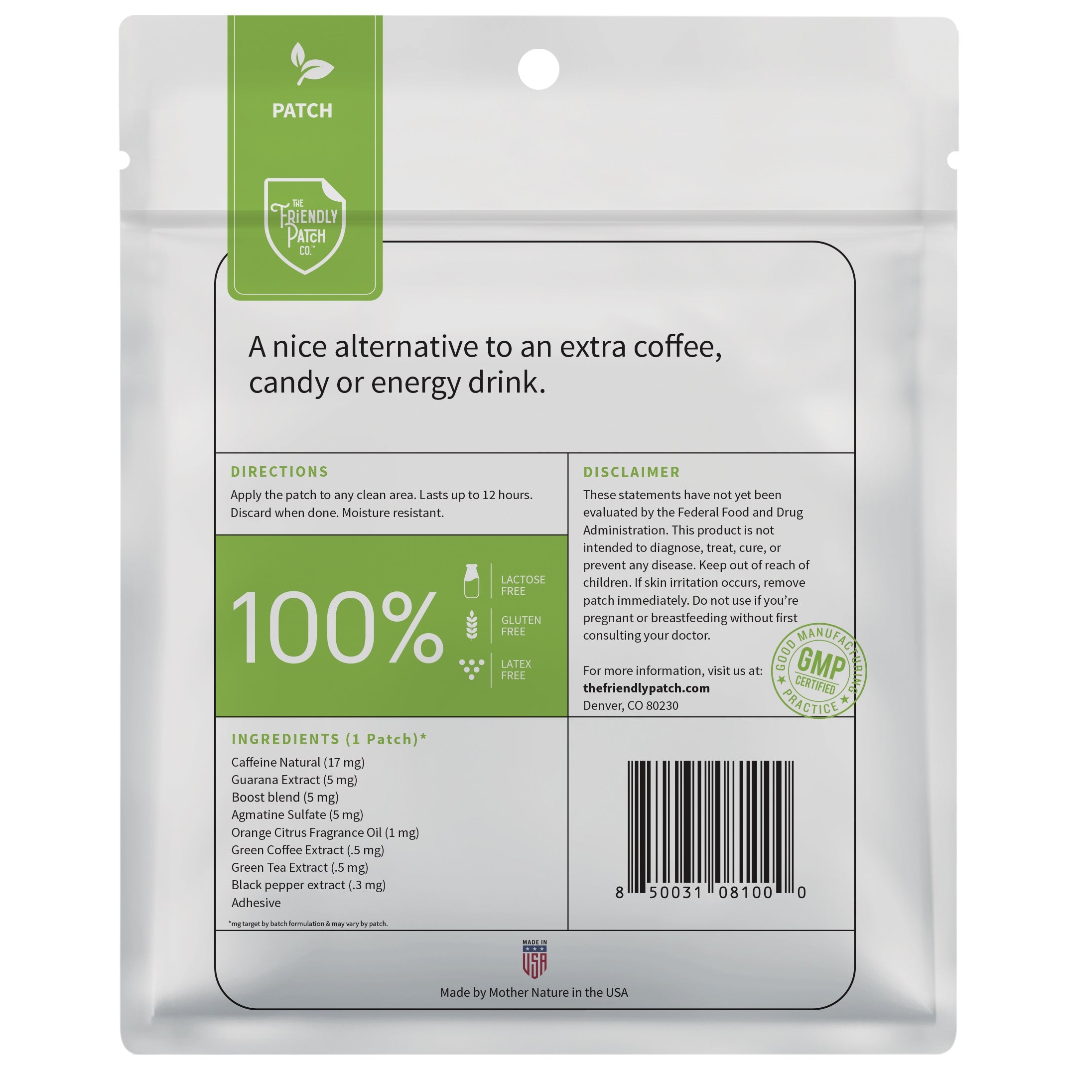 Friendly Patch Co Boost Energy patches for daily use, showing the back of the 28-pack wearable skin supplement with caffeine and guarana.