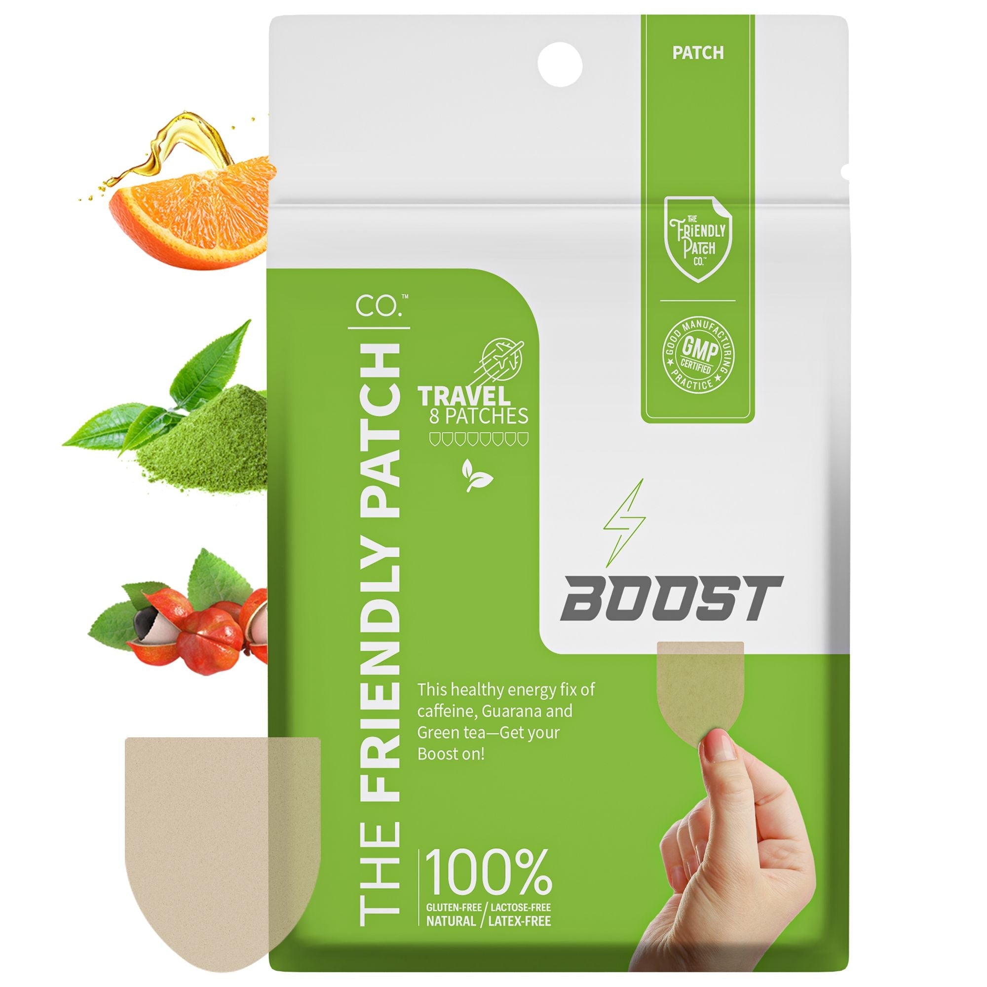 Set of eight Boost Energy patches by Friendly Patch Co featuring green tea, guarana, and caffeine for natural energy support.
