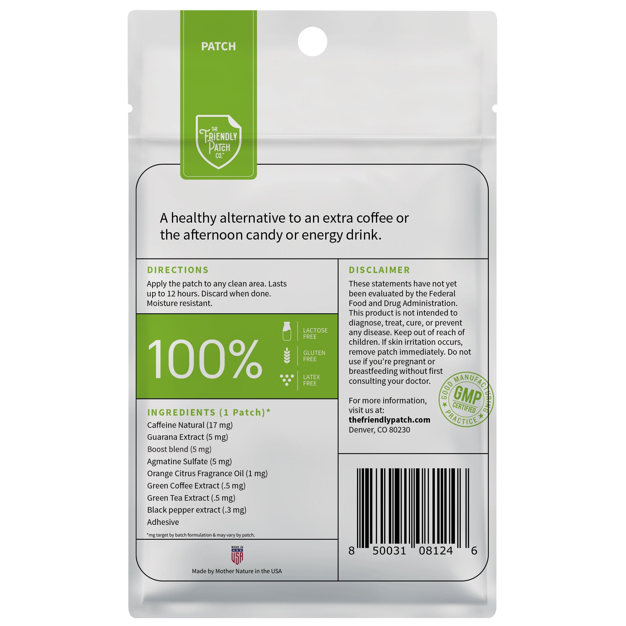 Back view of Friendly Patch Co Boost Energy patches, green tea and caffeine wearable skin supplements in an 8-pack for energy support.