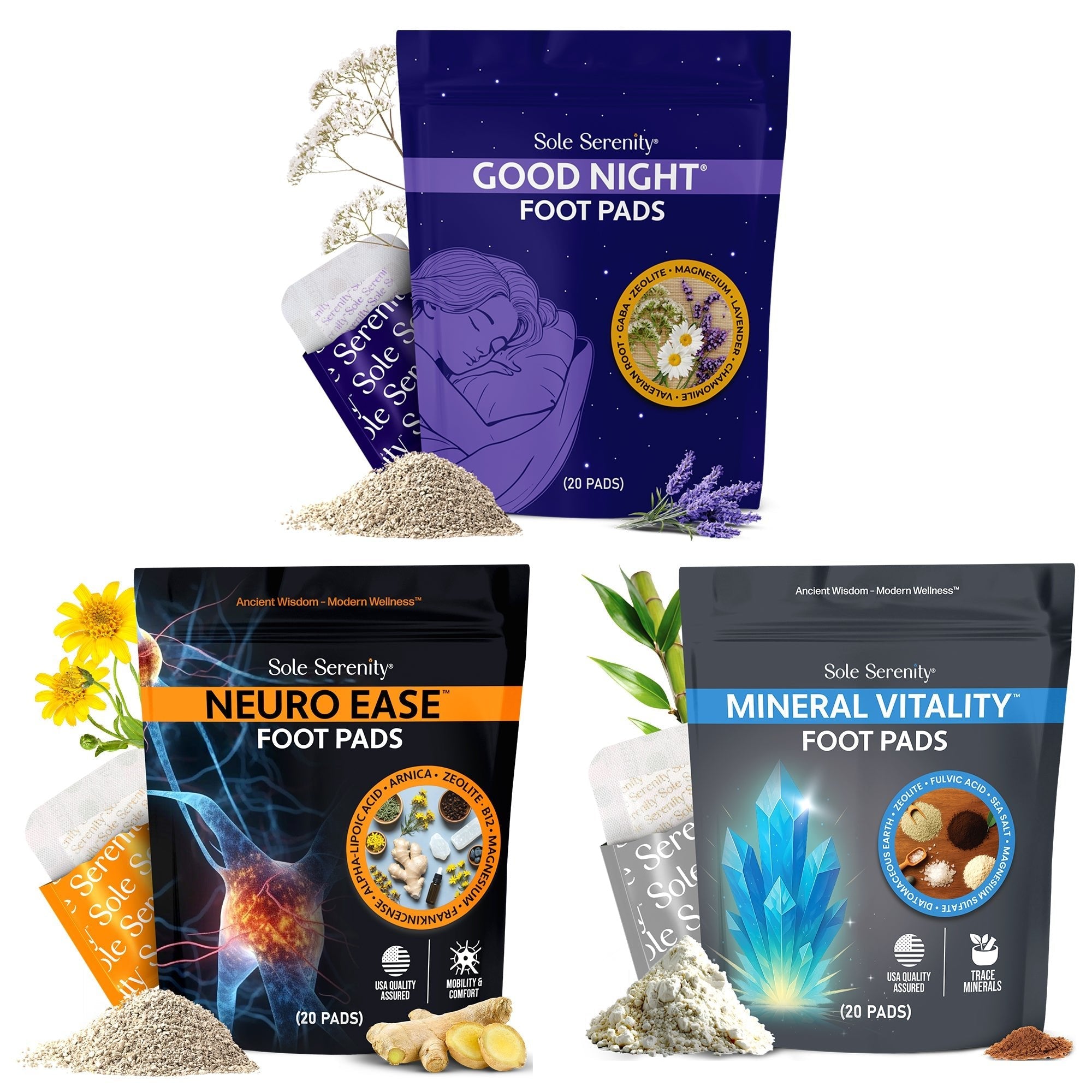 Lure Essentials bundle with Neuro Ease, Good Night Sleep, and Vital Minerals foot pads, showing three different product packages.