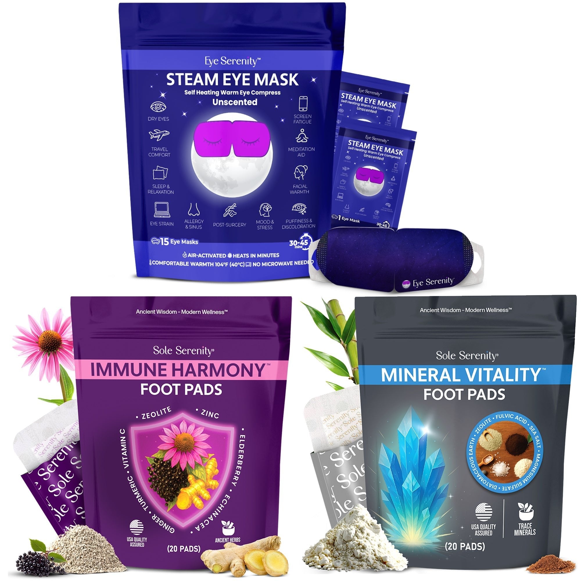 Lure Essentials spring allergy bundle with steam eye mask, immune harmony supplements, and mineral vitality foot pads on a white background.