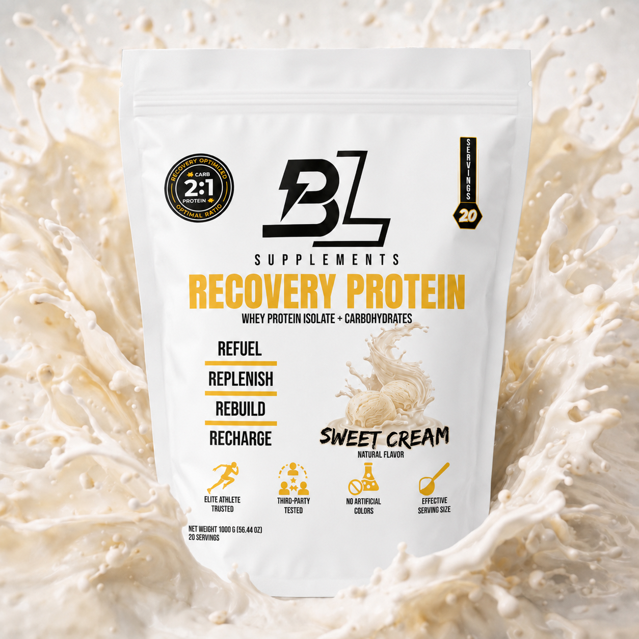 BlackLabel Supplements Recovery Protein container with scoop, showcasing the nutritional label and product branding.