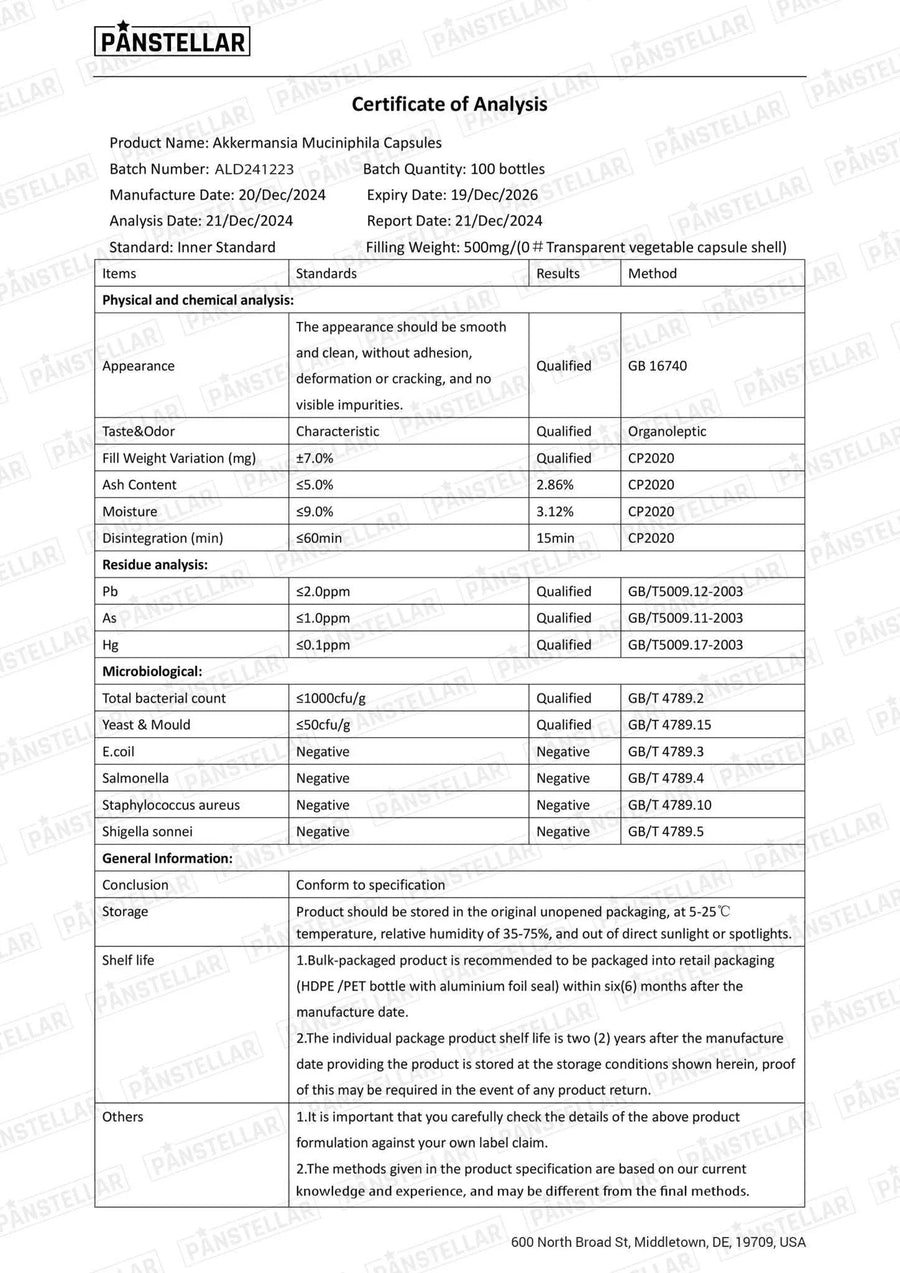 Certificate of analysis for Panstellar Essentials Akkermansia Muciniphila 500B AFU probiotic gut health supplement.