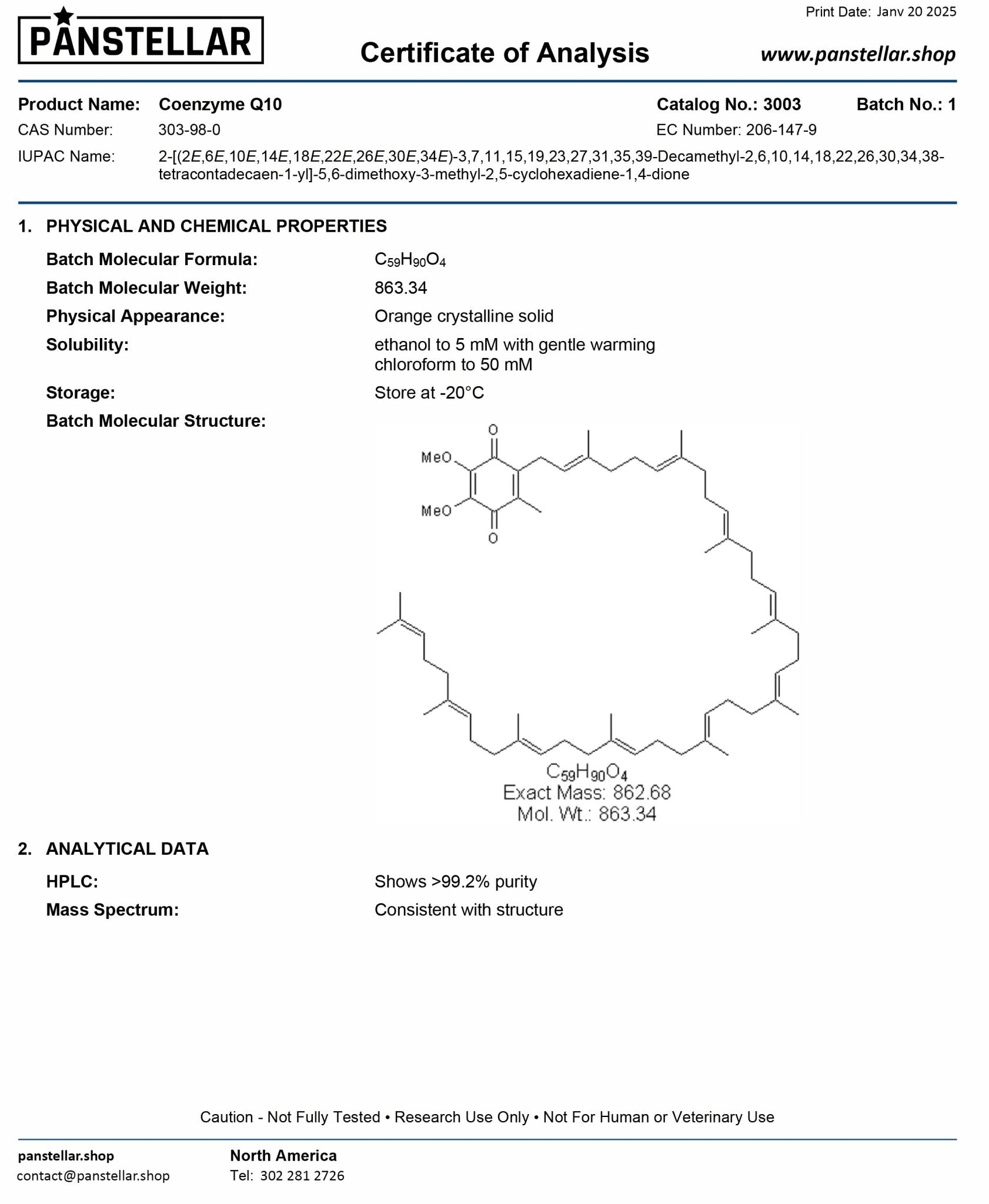 Certificate of Analysis for Panstellar Essentials NAD+ Liposomal 2000mg blend showing lab test results and ingredient details.