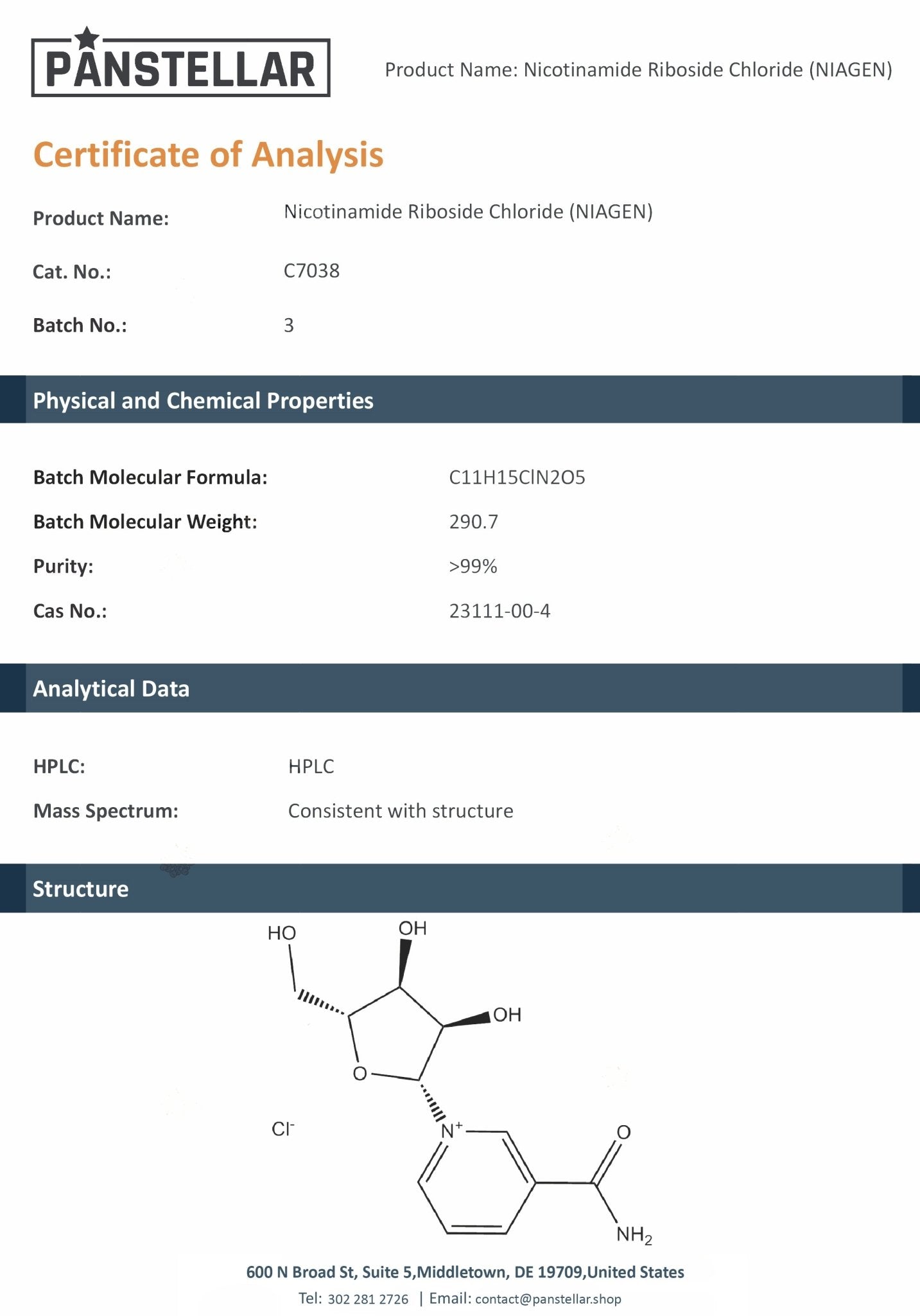 Certificate of analysis image for Panstellar Essentials NAD+ Liposomal 2000mg multi-ingredient supplement blend.