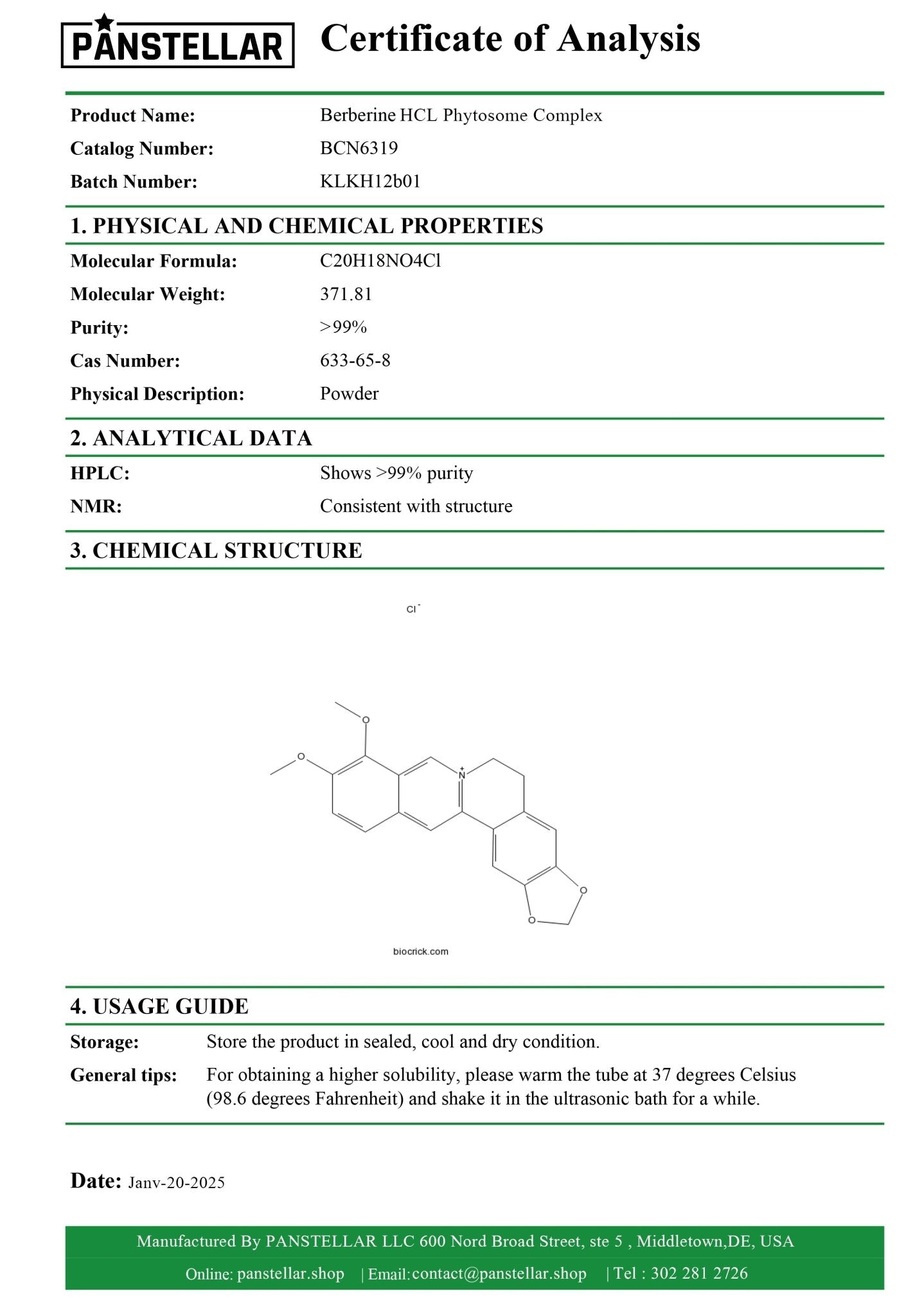 Berberine HCl Phytosome Complex 2000mg – 180 Capsules