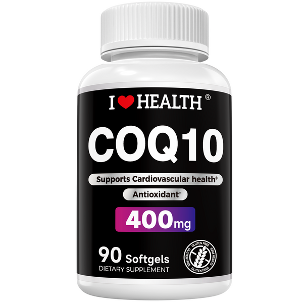 CoQ10 400mg softgel bottle by I Love Health for heart support, energy, and cellular health, soy-based supplement, 90 softgels.