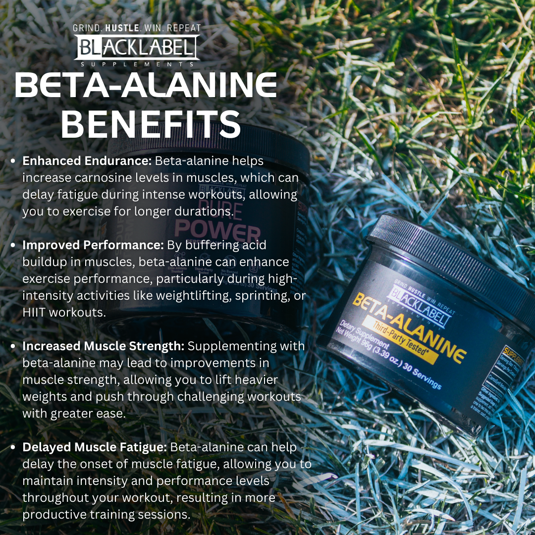 BlackLabel Supplements Beta-Alanine powder supplement in a clear container with a white label, showing the product name and branding.