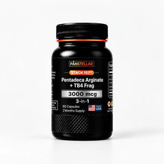 Panstellar Essentials Stack 157 amino acids supplement with TB500 3000mcg and TB4-Frag, featuring capsules with white powder inside.