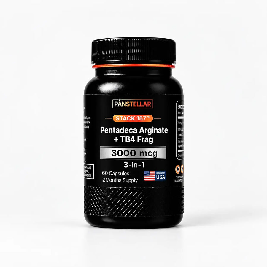 Panstellar Essentials Stack 157 amino acids supplement with TB500 3000mcg and TB4-Frag, featuring capsules with white powder inside.