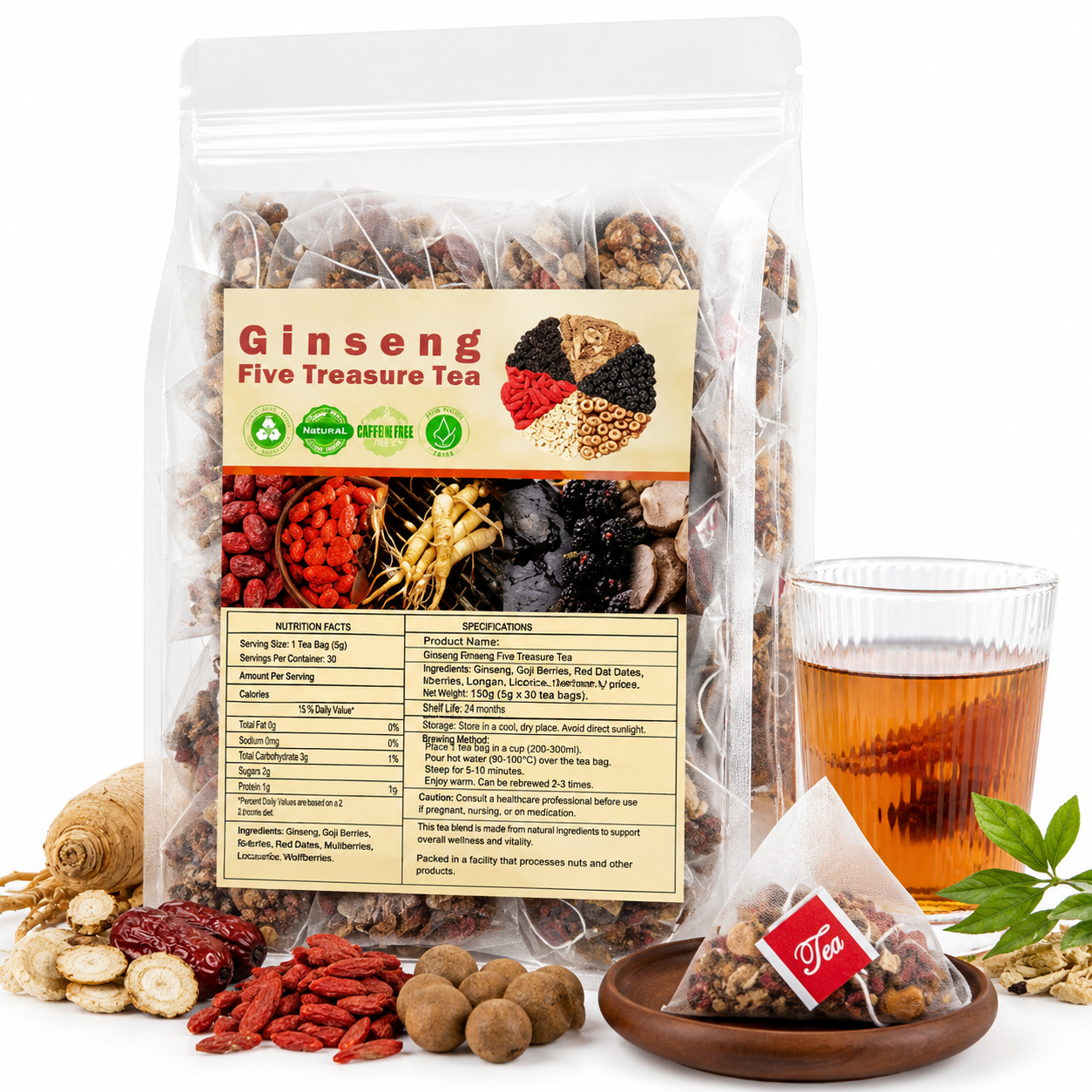 Premium Ginseng Five Treasure Tea herbal blend in a clear glass cup with tea leaves and herbs, highlighting natural wellness benefits.