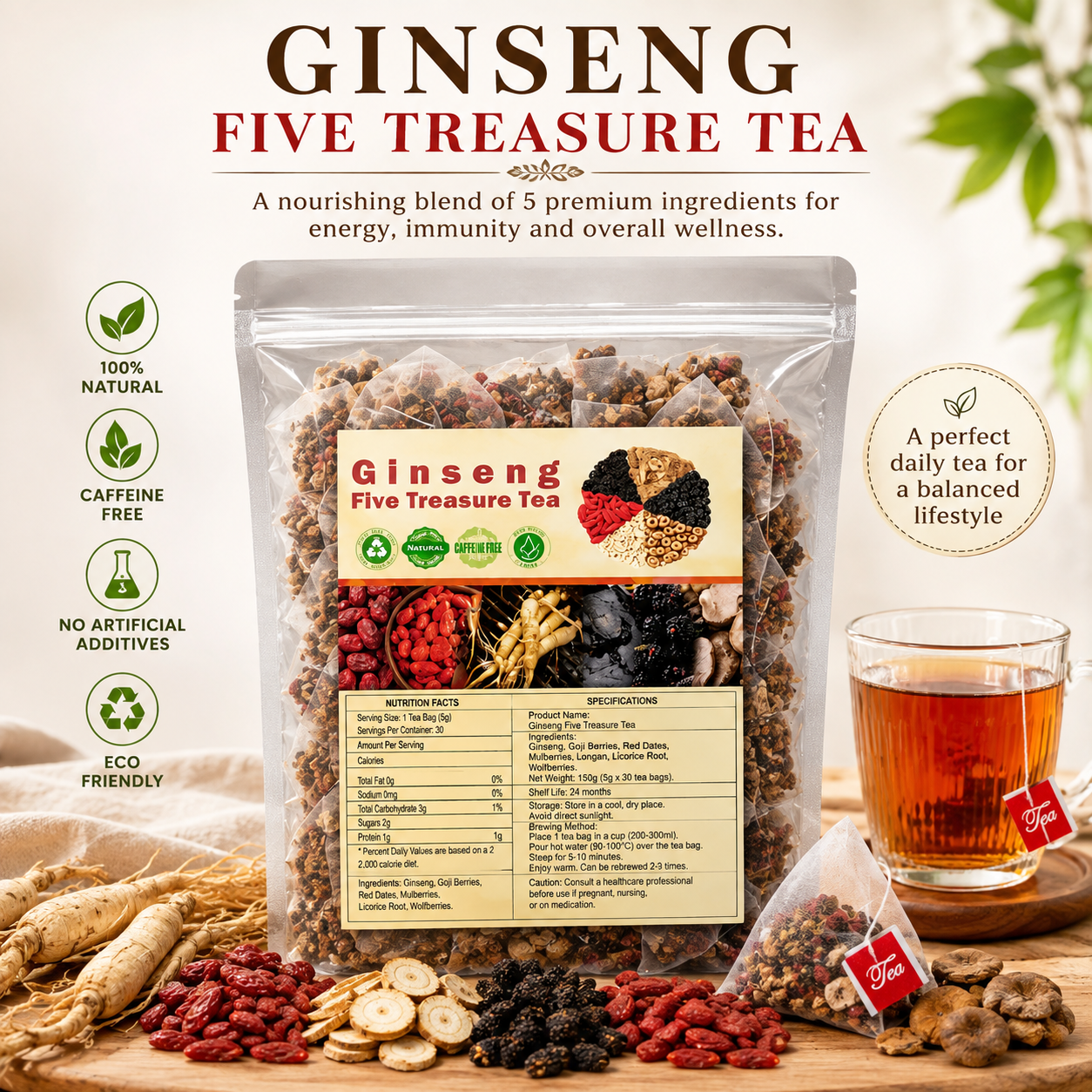 Premium Ginseng Five Treasure Tea by My Store featuring a herbal wellness blend in a colorful tea box and traditional tea leaves.