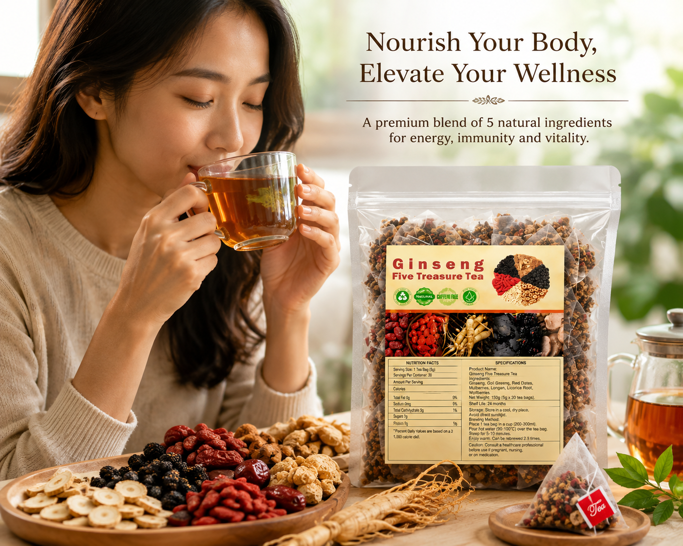 Premium Ginseng Five Treasure Tea from My Store, featuring a natural herbal wellness blend with assorted herbs and ginseng roots.