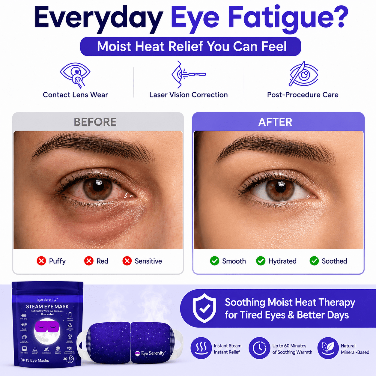 Self-heating Lure Essentials Eye Serenity Steam Eye Mask relaxing for dry eyes, puffiness, sleep, and travel comfort.